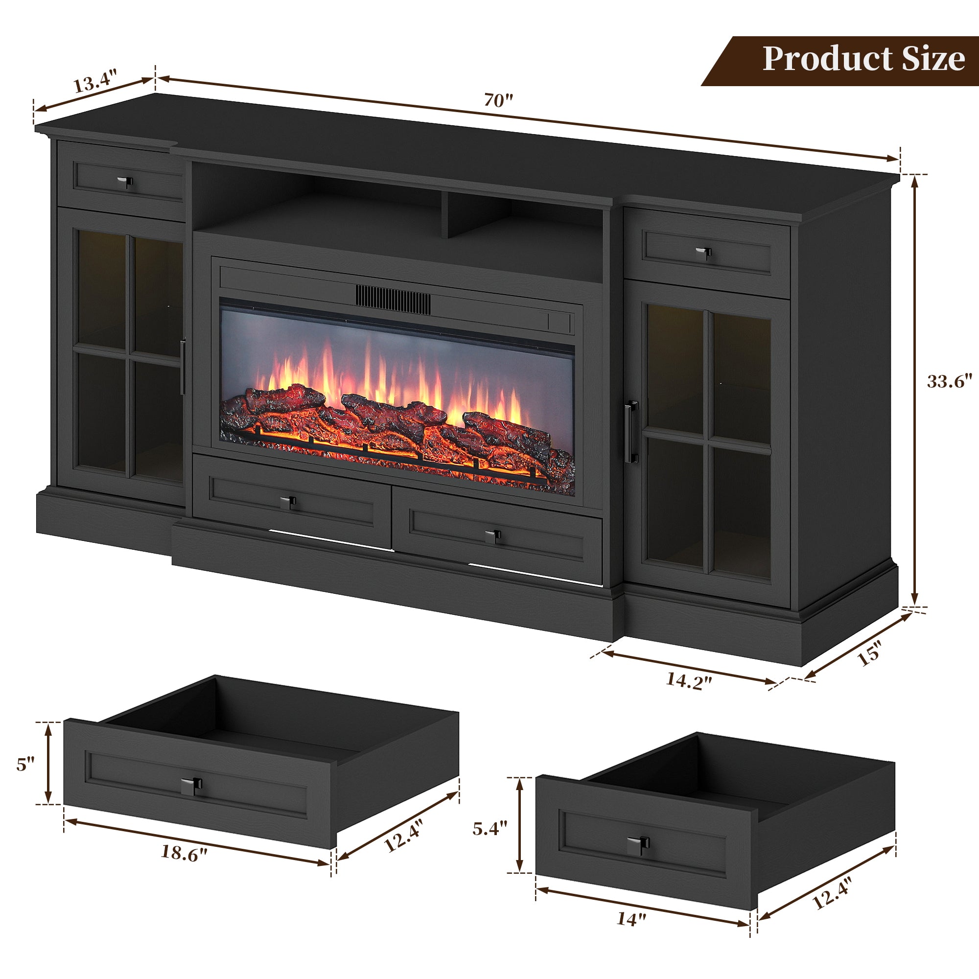 FIAKOA 70” electric Fireplace TV Stand for 75" TVs, Fireplace Entertainment Center with LED Lights, Wood TV Stand with 34" Fireplace for Living Room, Black