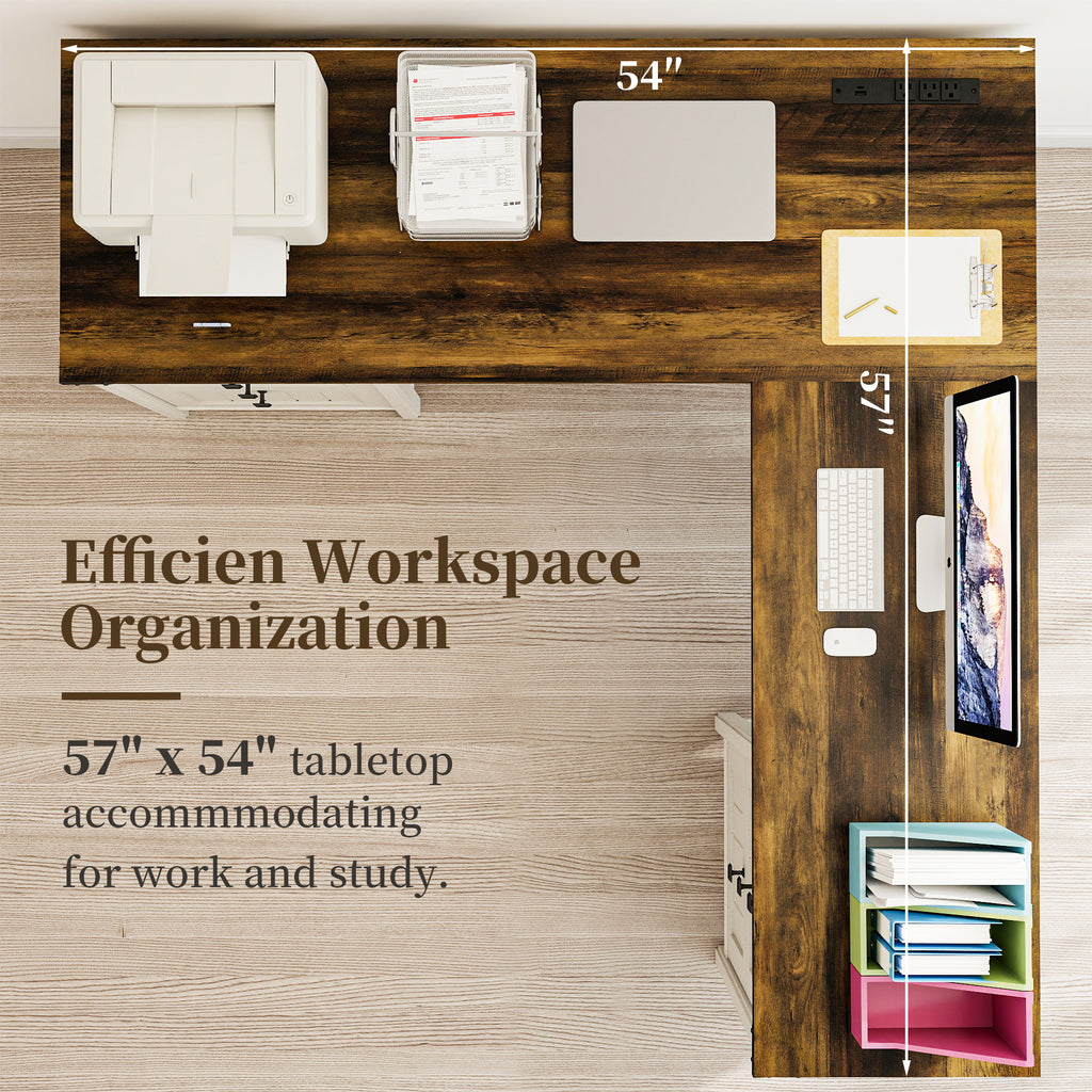 Fiakoa Farmhouse L Shaped Desk with Drawers, 53.8" x 57" Office Computer Desk with File Cabinets, Rustic Corner Executive Desk with with Charging Station, White