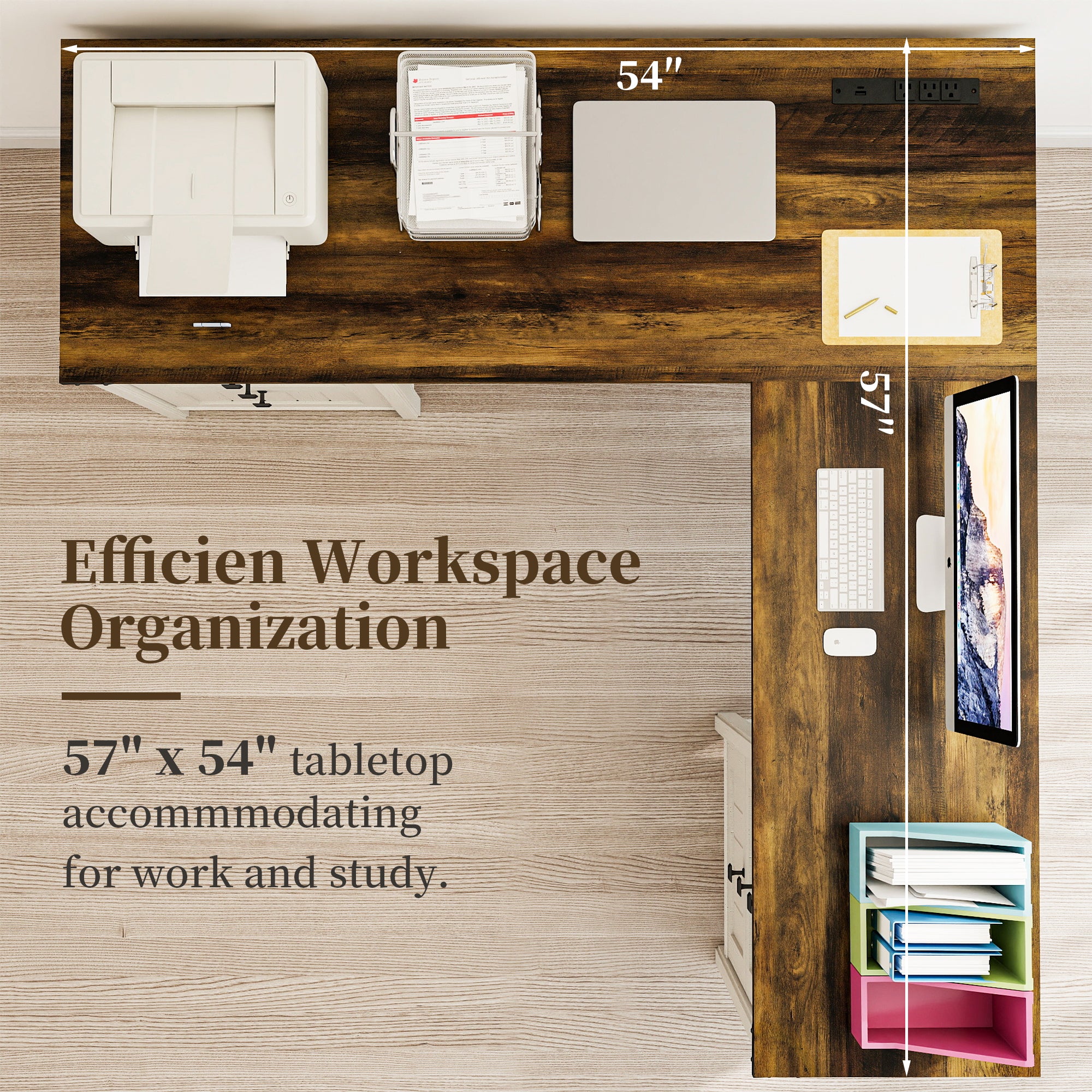 Fiakoa Farmhouse L Shaped Desk with Drawers, 53.8" x 57" Office Computer Desk with File Cabinets, Rustic Corner Executive Desk with with Charging Station, White