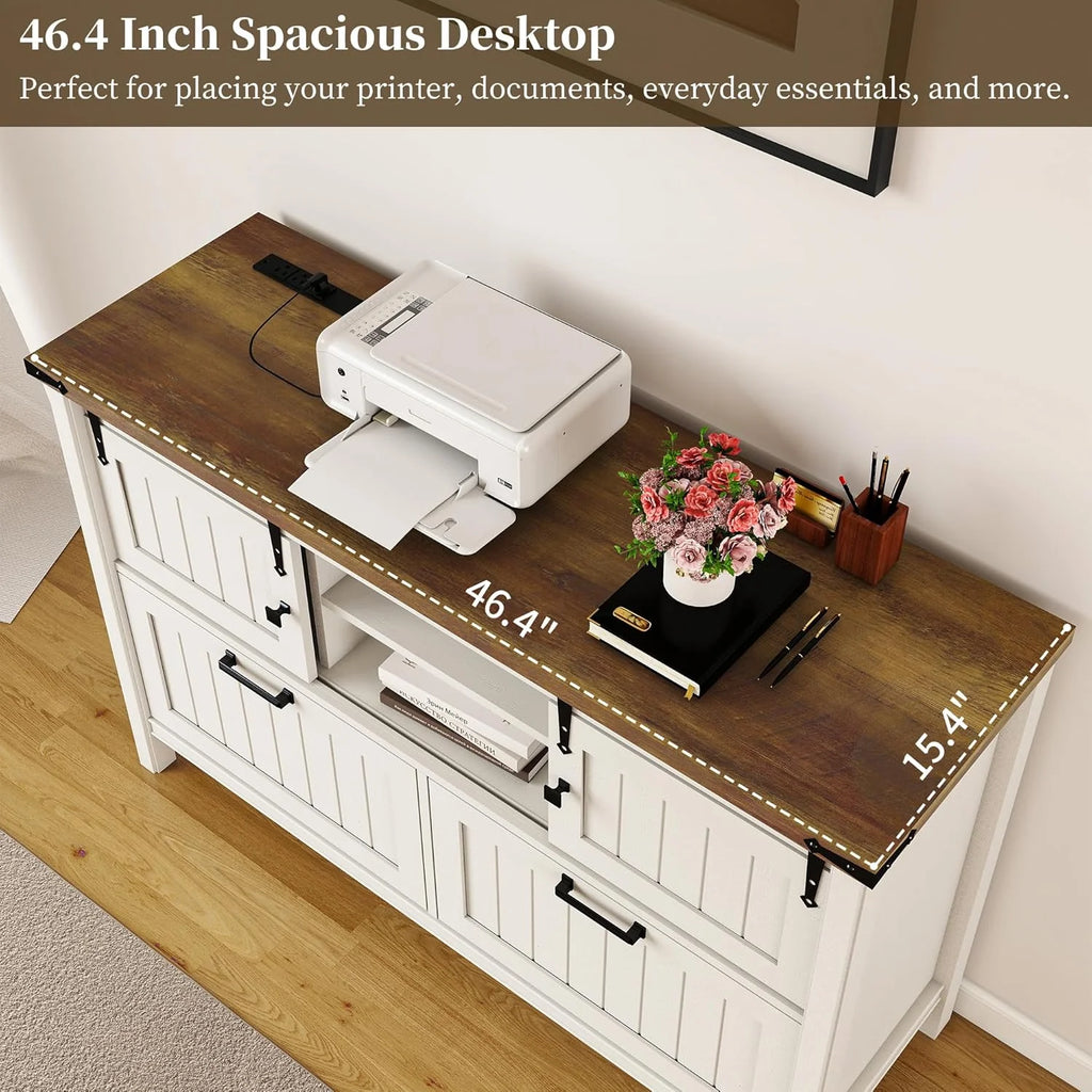 FIAKOA Farmhouse 2-Drawer Lateral File Cabinet,Filing Cabinet with Sliding Doors & Charge Station, Printer Stand Cabinets for Home Office,White