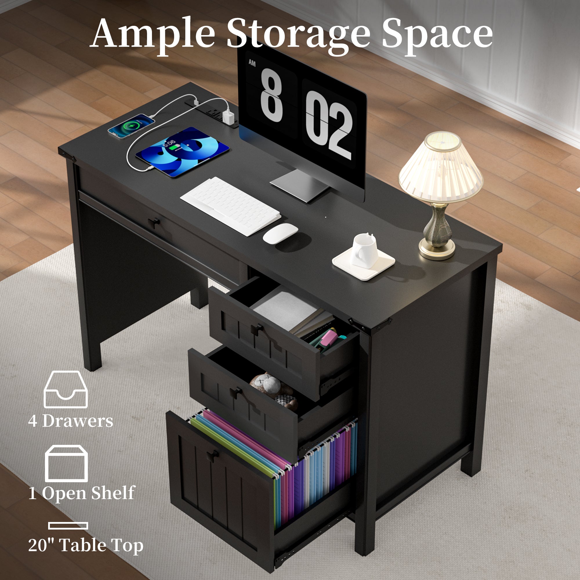 FIAKOA 45" Executive Desk, Modern Farmhouse Computer Desk with Drawers & Cabinet,Home Office Desk Writing Workspace for Work Study,Black