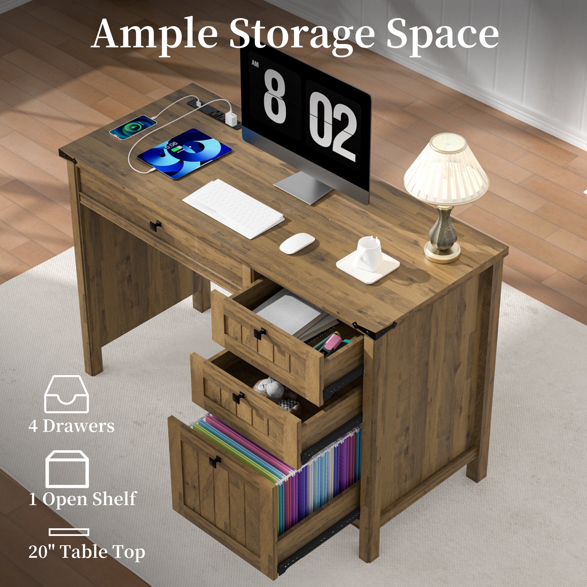 FIAKOA 45" Executive Desk, Modern Farmhouse Computer Desk with Drawers & Cabinet,Home Office Desk for Work Study,Brown