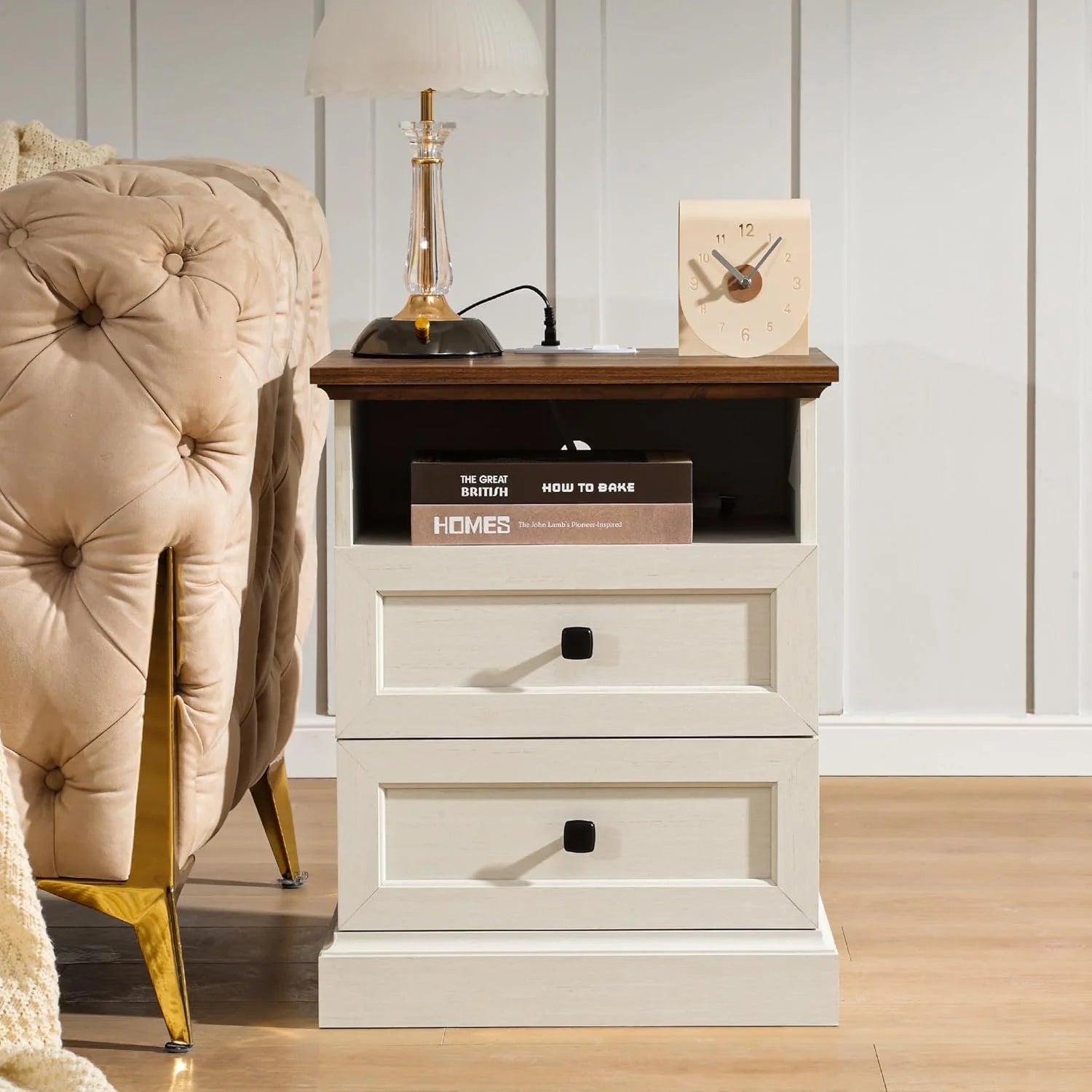 FIAKOA Night Stand with Charging Station, Bedside Table with 2 Drawers Storage and Open Shelf,White Nightstand with Outlets, Modern Wood End Table for Bedroom Office