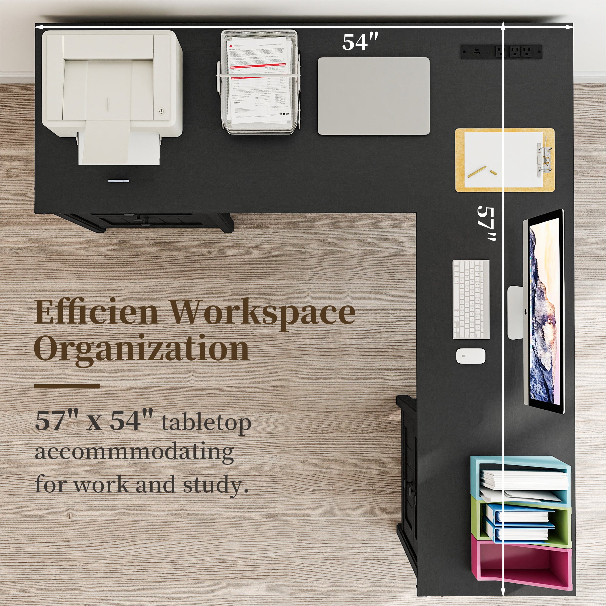 Fiakoa Farmhouse L Shaped Desk with Drawers, 53.8" x 57" Office Computer Desk with File Cabinets, Rustic Corner Executive Desk with with Charging Station, Black