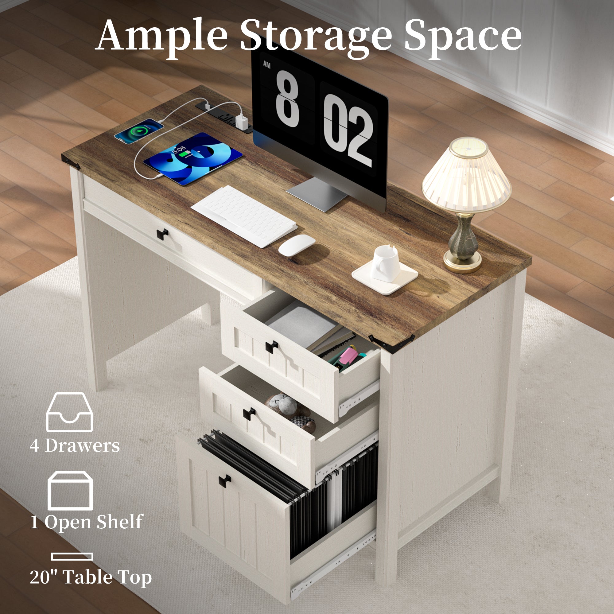 FIAKOA 45"Executive Desk, Modern Farmhouse Computer Desk with Drawers & Cabinet, White Home Office Desk Writing Workspace for Work Study