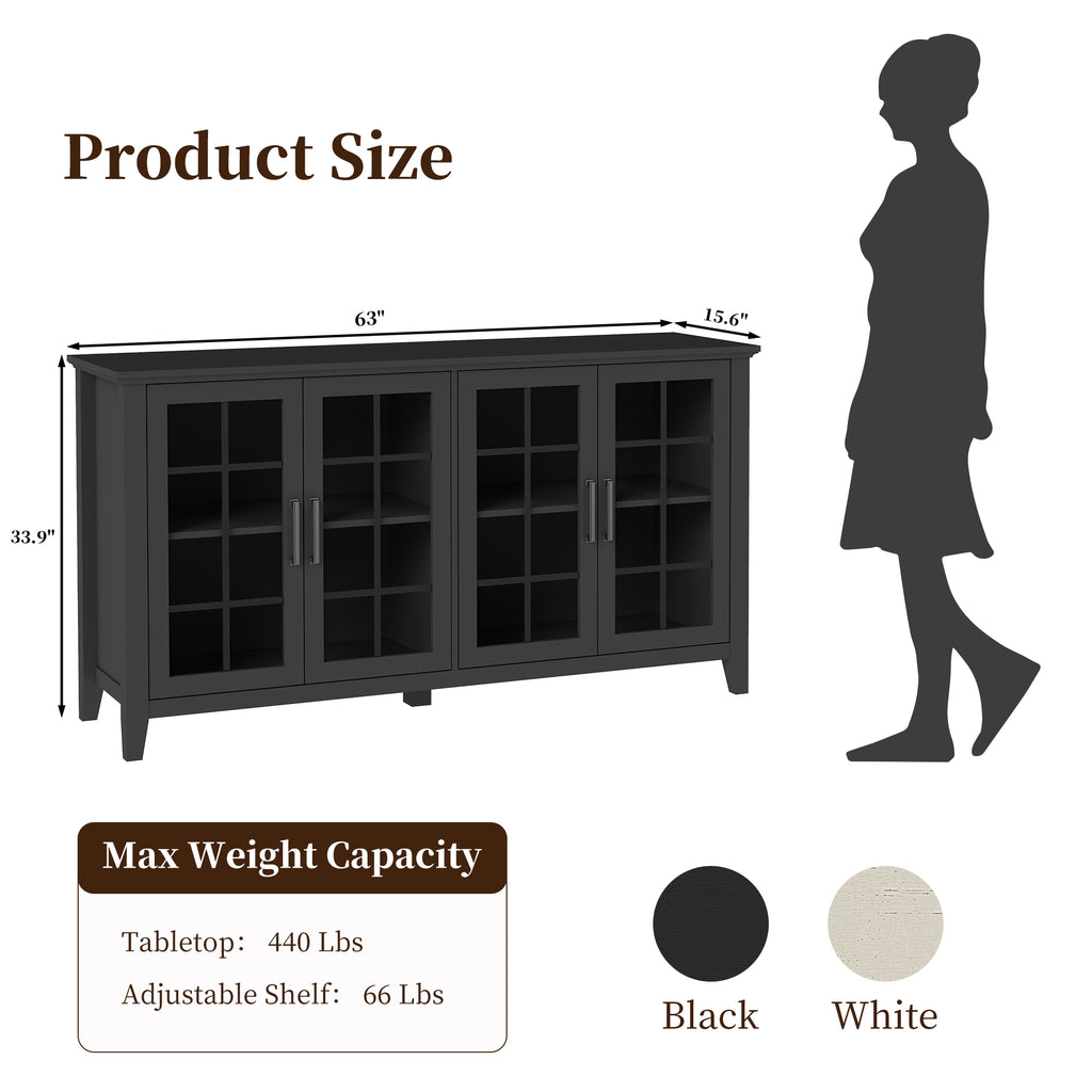 FIAKOA 63" Farmhouse Buffet Cabinet with Storage, Large Wood Sideboard Cabinet with Glass Doors, Kitchen Coffee Bar Cabinet for Dining Room, Black