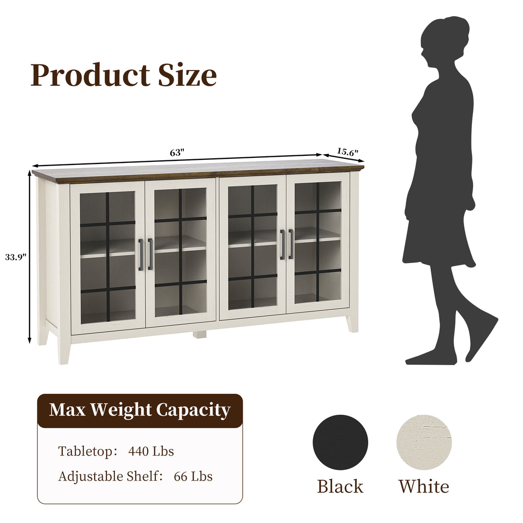 FIAKOA 63" Farmhouse Buffet Cabinet with Storage, Large White Sideboard Cabinet with Glass Doors, Kitchen Coffee Bar Cabinet for Dining Room