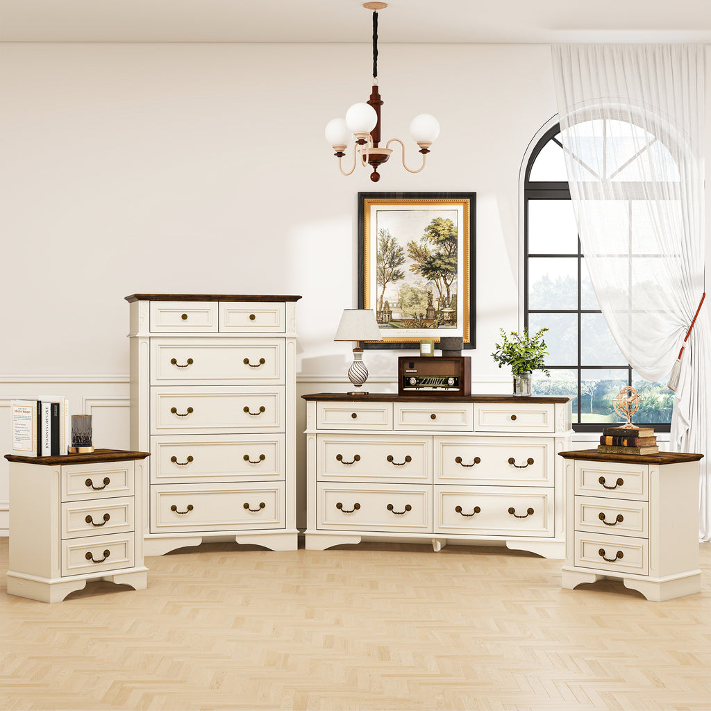 FIAKOA Bedroom Tall Dresser Set & Nightstands set, Farmhouse Complete Bedroom Furniture Set with Spacious Storage, 4 Piece, White