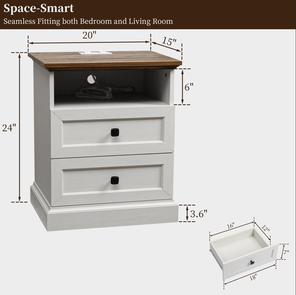 FIAKOA Night Stand Set of 2 with Charging Station, Bedside Table with 2 Drawers Storage and Open Shelf, White Farmhouse Nightstands for Bedroom Office