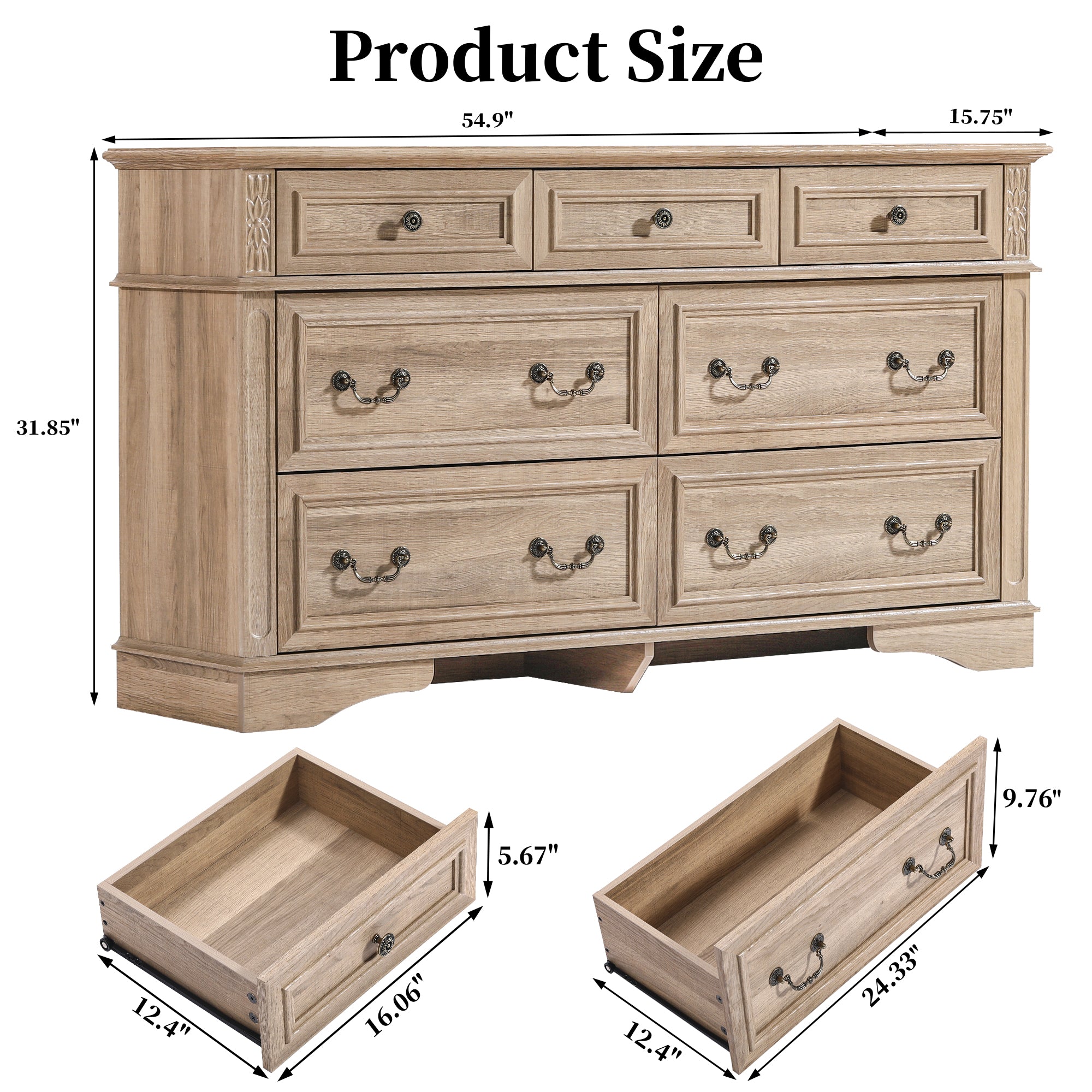 FIAKOA 7 Drawer Dresser for Bedroom, 55” W. Wood Farmhouse Tall Storage Chest of Drawers for Livingroom, Oak