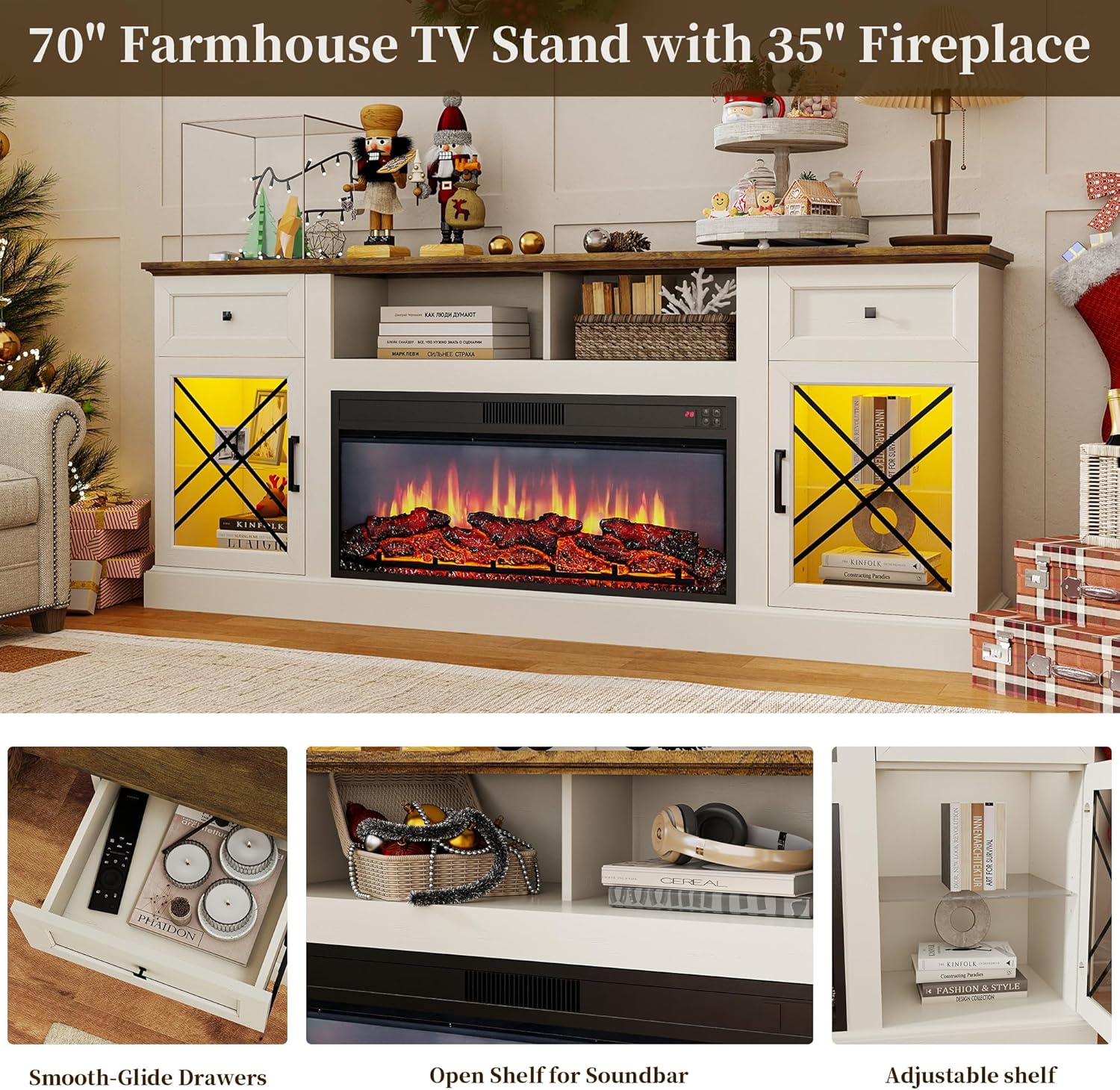 FIAKOA 70” Fireplace TV Stand for 80" TVs,Fireplace Entertainment Center with LED Lights,TV Console with 34" Electric Fireplace for Living Room,White