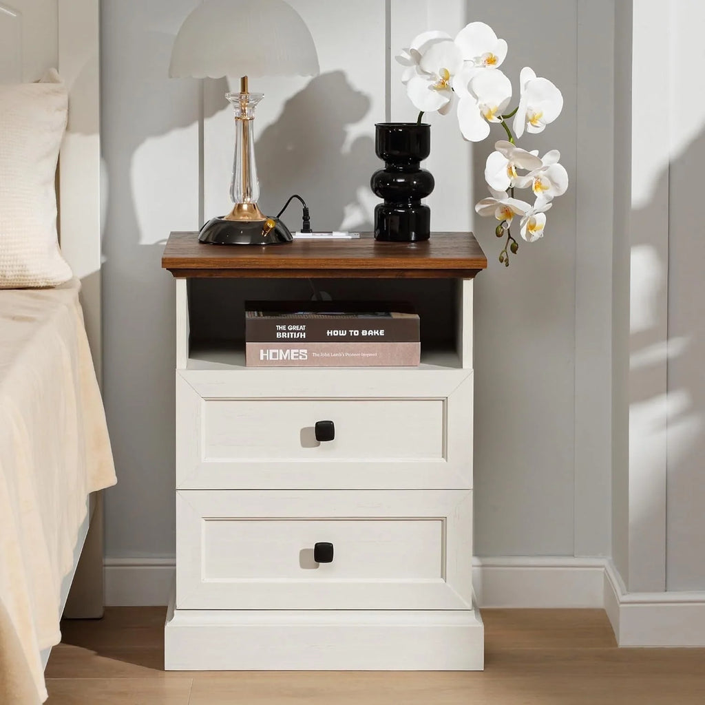 FIAKOA Night Stand with Charging Station, Bedside Table with 2 Drawers Storage and Open Shelf,White Nightstand with Outlets, Modern Wood End Table for Bedroom Office