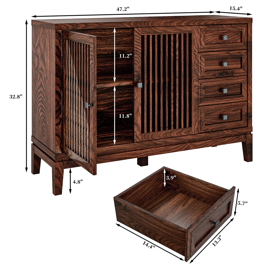 FIAKOA 47" Farmhouse Buffet Cabinet with Storage, Walnut Brown Sideboard Cabinet with Grille-Striped Doors & Adjustable Shelf, Kitchen Coffee Bar Credenza for Dining Room