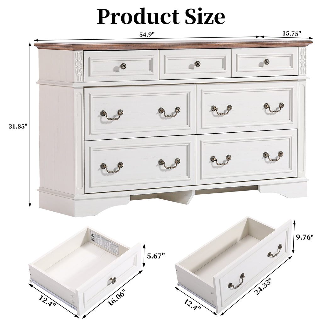 FIAKOA 7 Drawer Dresser for Bedroom, 55” W. Wood Farmhouse Tall Storage Chest of Drawers for Livingroom, White