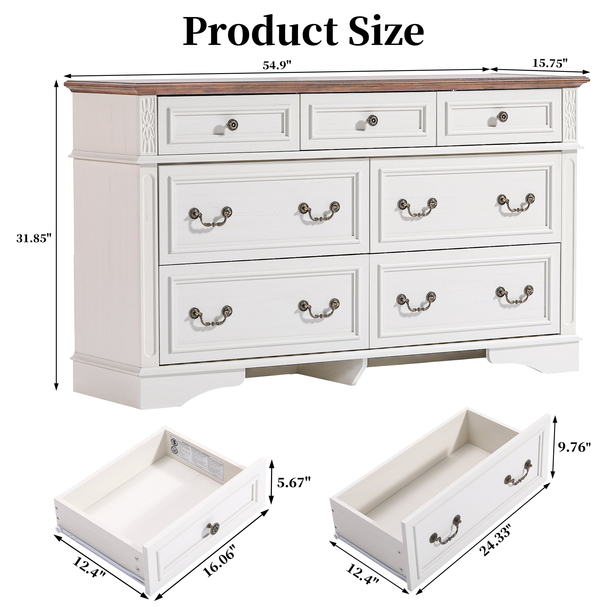 FIAKOA 7 Drawer Dresser for Bedroom, 55” W. Wood Farmhouse Tall Storage Chest of Drawers for Livingroom, White