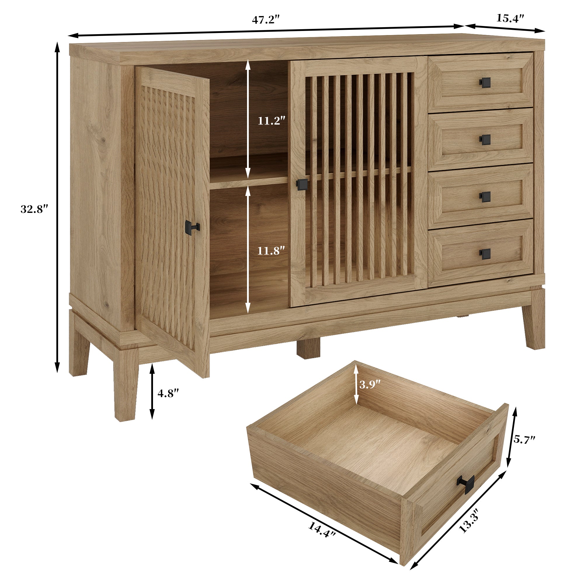 FIAKOA 47" Farmhouse Buffet Cabinet with Storage, Nature Sideboard Cabinet with Grille-Striped Doors & Adjustable Shelf, Kitchen Coffee Bar Credenza for Dining Room