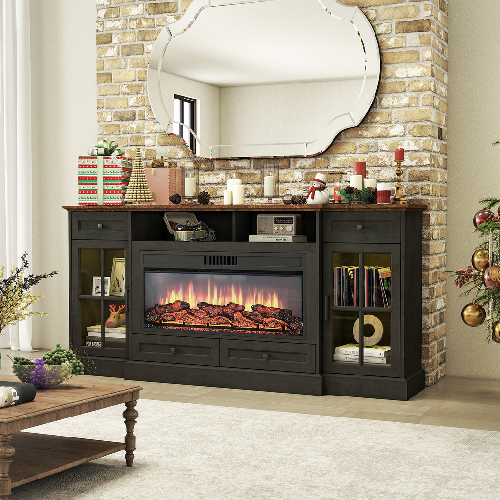 FIAKOA 70” electric Fireplace TV Stand for 75" TVs, Fireplace Entertainment Center with LED Lights,Wood TV Stand with 34" Fireplace for Living Room, Espresso
