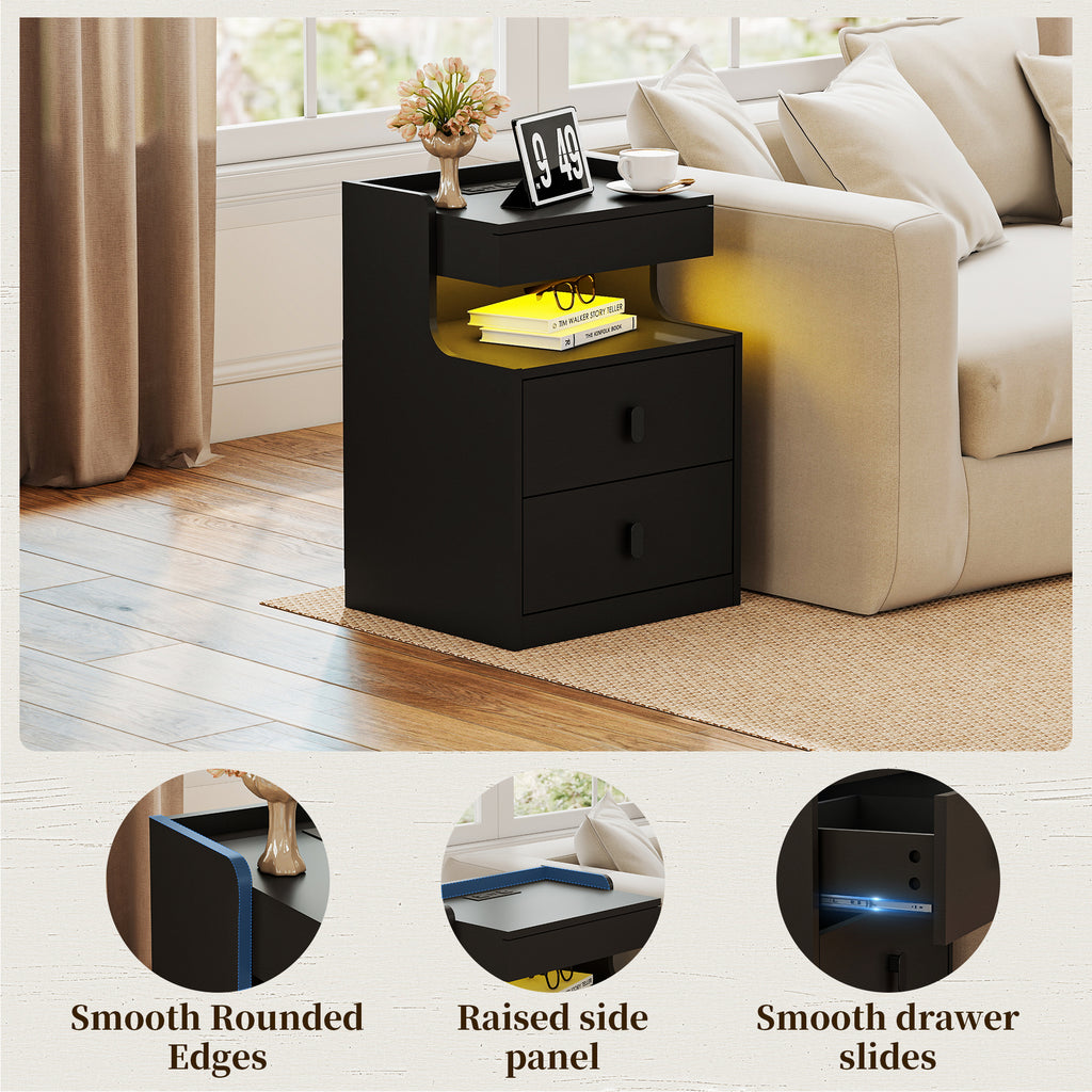 Goealvce 2 Drawer Nightstands for Bedroom Set of 2 with Charging Station & LED Lights, Farmhouse Night Stand with Open Shelf, wood Rustic Bedside Table Night Stands for Bedroom, Black