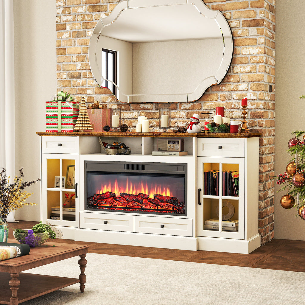 FIAKOA 70” electric Fireplace TV Stand for 75" TVs, Fireplace Entertainment Center with LED Lights,White TV Stand with 34" Fireplace for Living Room