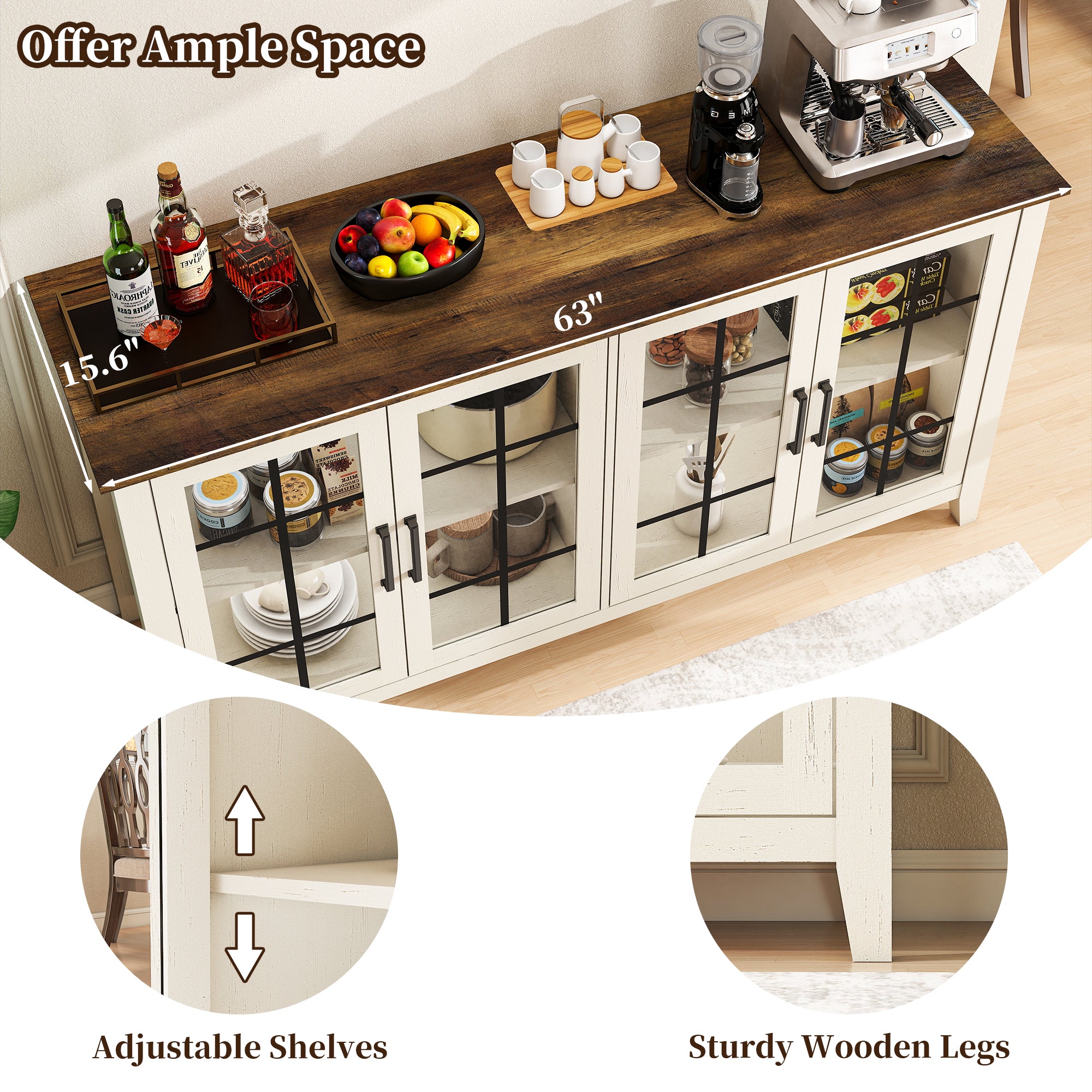 FIAKOA 63" Farmhouse Buffet Cabinet with Storage, Large White Sideboard Cabinet with Glass Doors, Kitchen Coffee Bar Cabinet for Dining Room