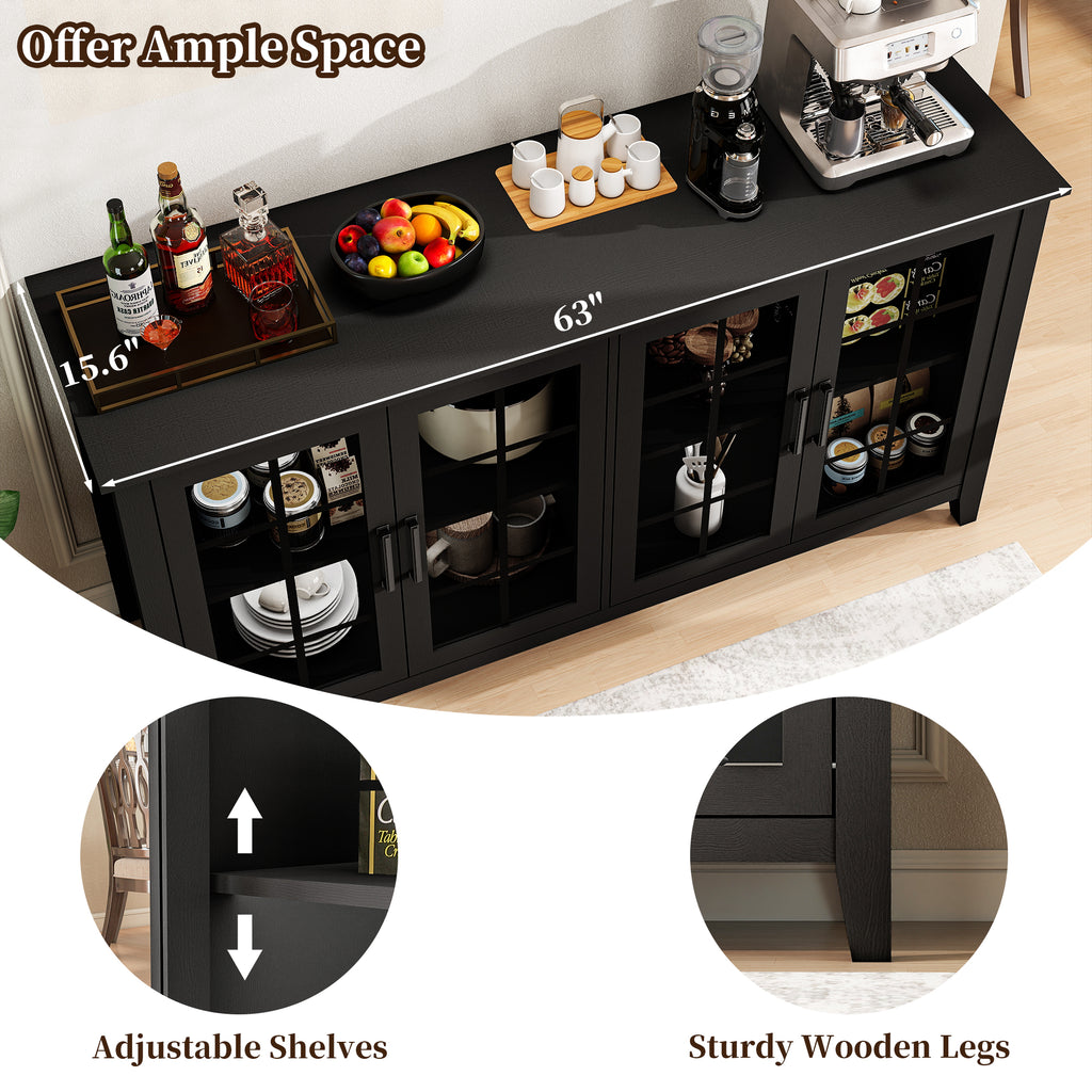FIAKOA 63" Farmhouse Buffet Cabinet with Storage, Large Wood Sideboard Cabinet with Glass Doors, Kitchen Coffee Bar Cabinet for Dining Room, Black
