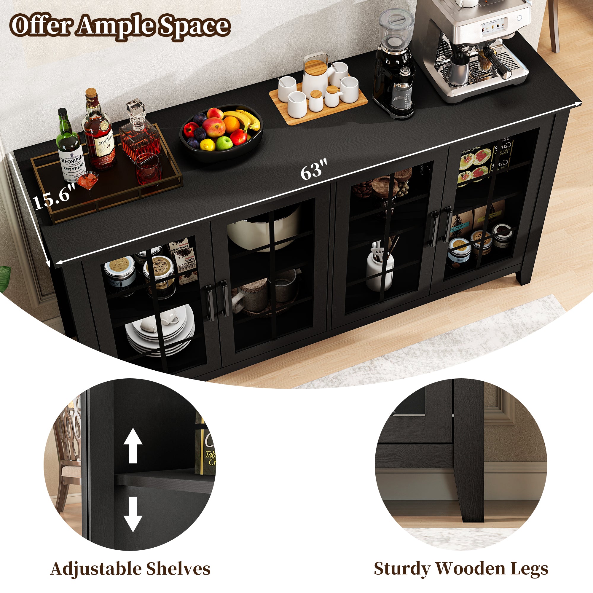 FIAKOA 63" Farmhouse Buffet Cabinet with Storage, Large Wood Sideboard Cabinet with Glass Doors, Kitchen Coffee Bar Cabinet for Dining Room, Black