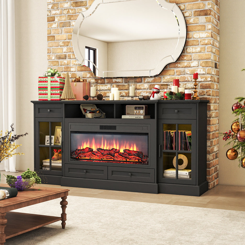 FIAKOA 70” electric Fireplace TV Stand for 75" TVs, Fireplace Entertainment Center with LED Lights, Wood TV Stand with 34" Fireplace for Living Room, Black