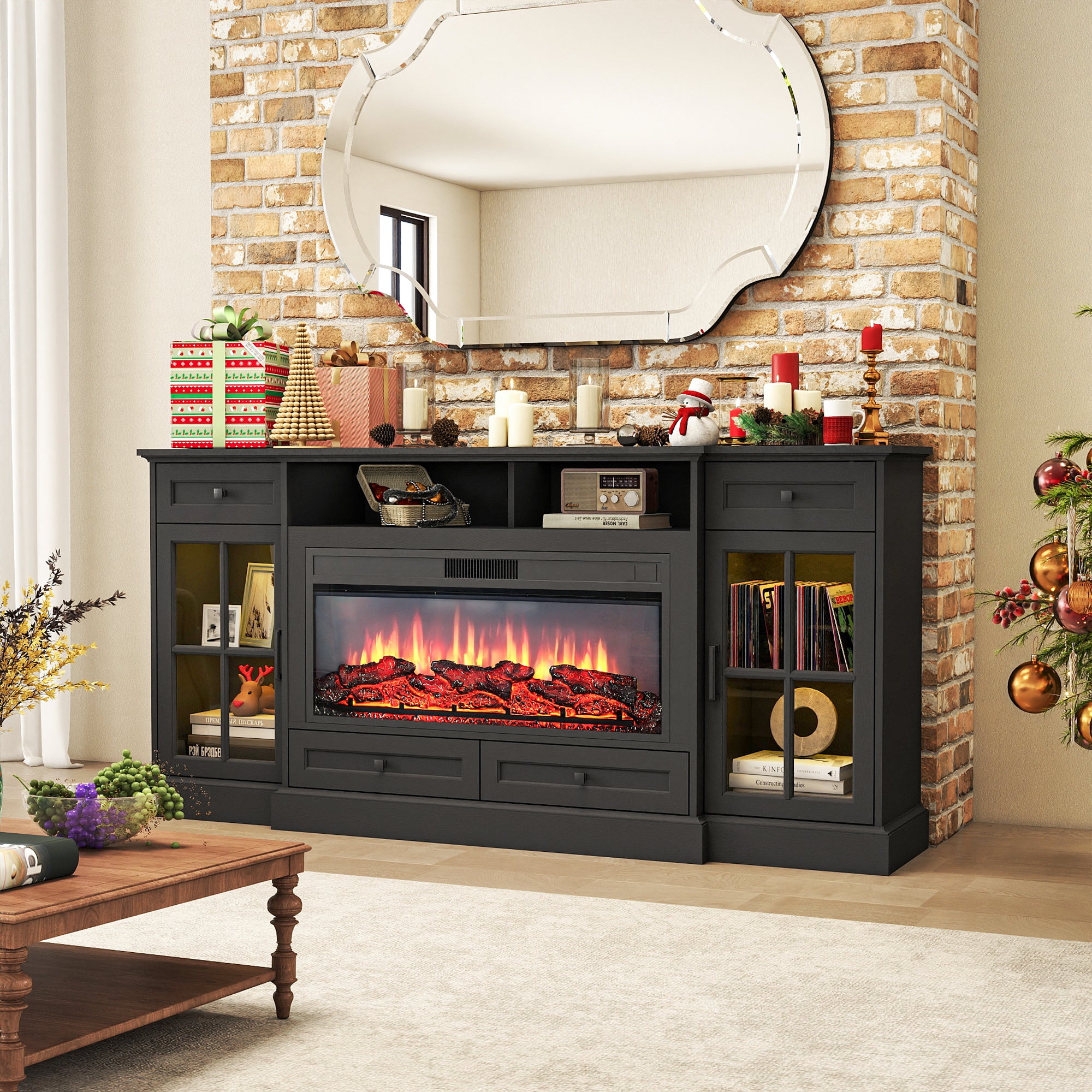 FIAKOA 70” electric Fireplace TV Stand for 75" TVs, Fireplace Entertainment Center with LED Lights, Wood TV Stand with 34" Fireplace for Living Room, Black