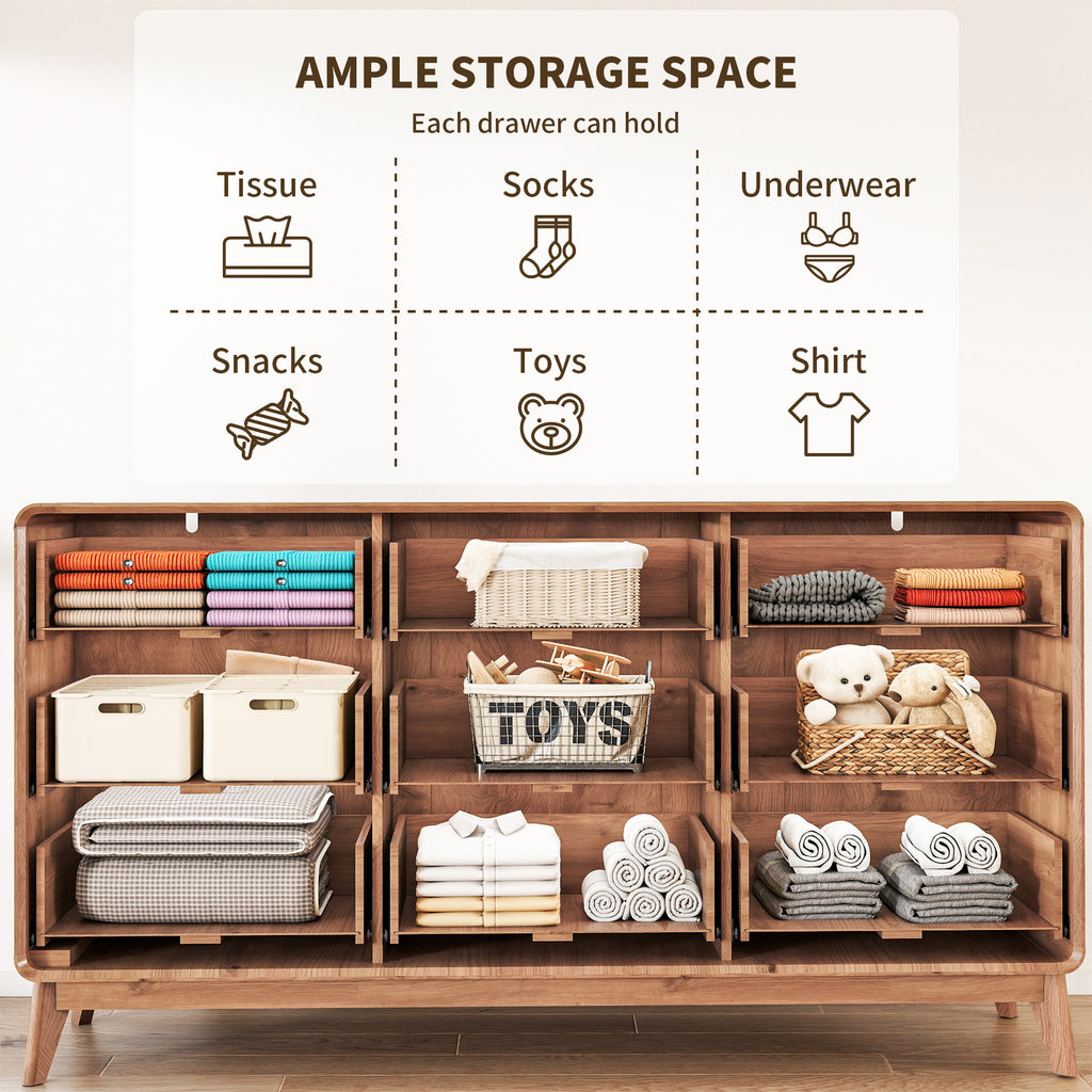 FIAKOA 9 Drawer Dresser for Bedroom, 63” W. Wood Farmhouse Tall Storage Chest of Drawers for Livingroom, Oak