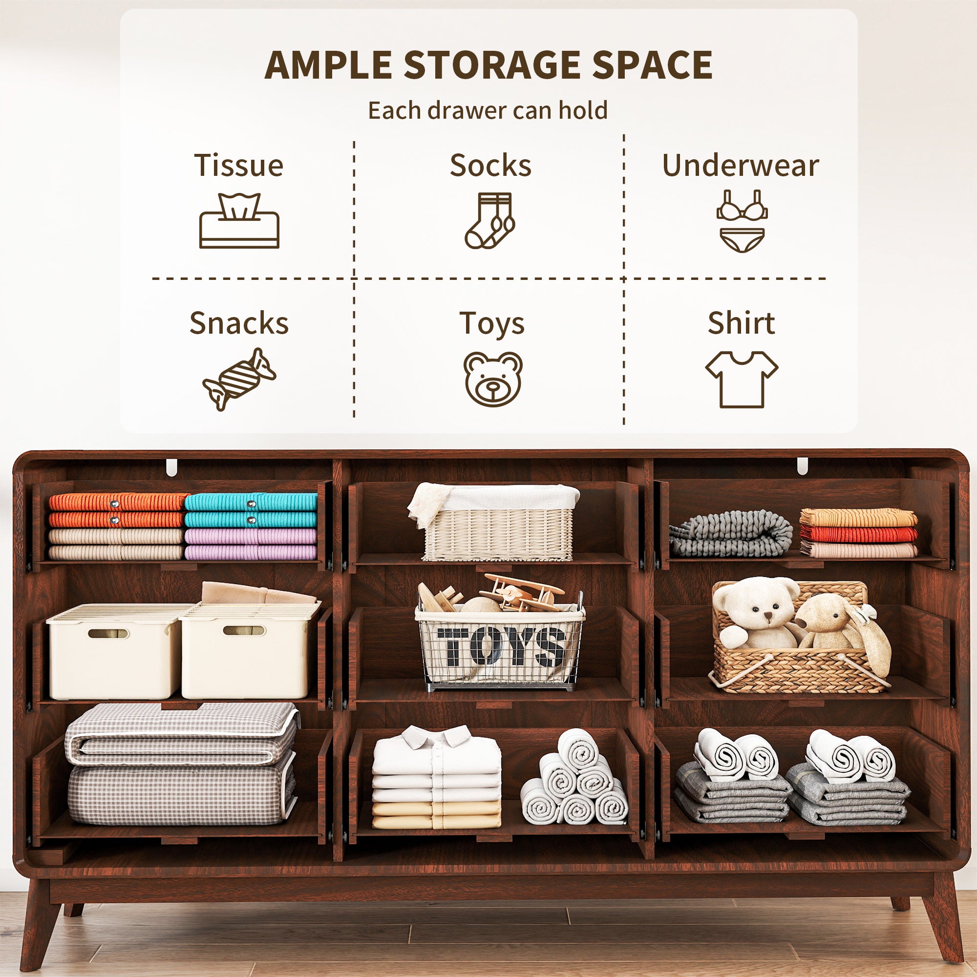 FIAKOA 9 Drawer Dresser for Bedroom, 63” W. Wood Farmhouse Tall Storage Chest of Drawers for Livingroom, Walnut Brown