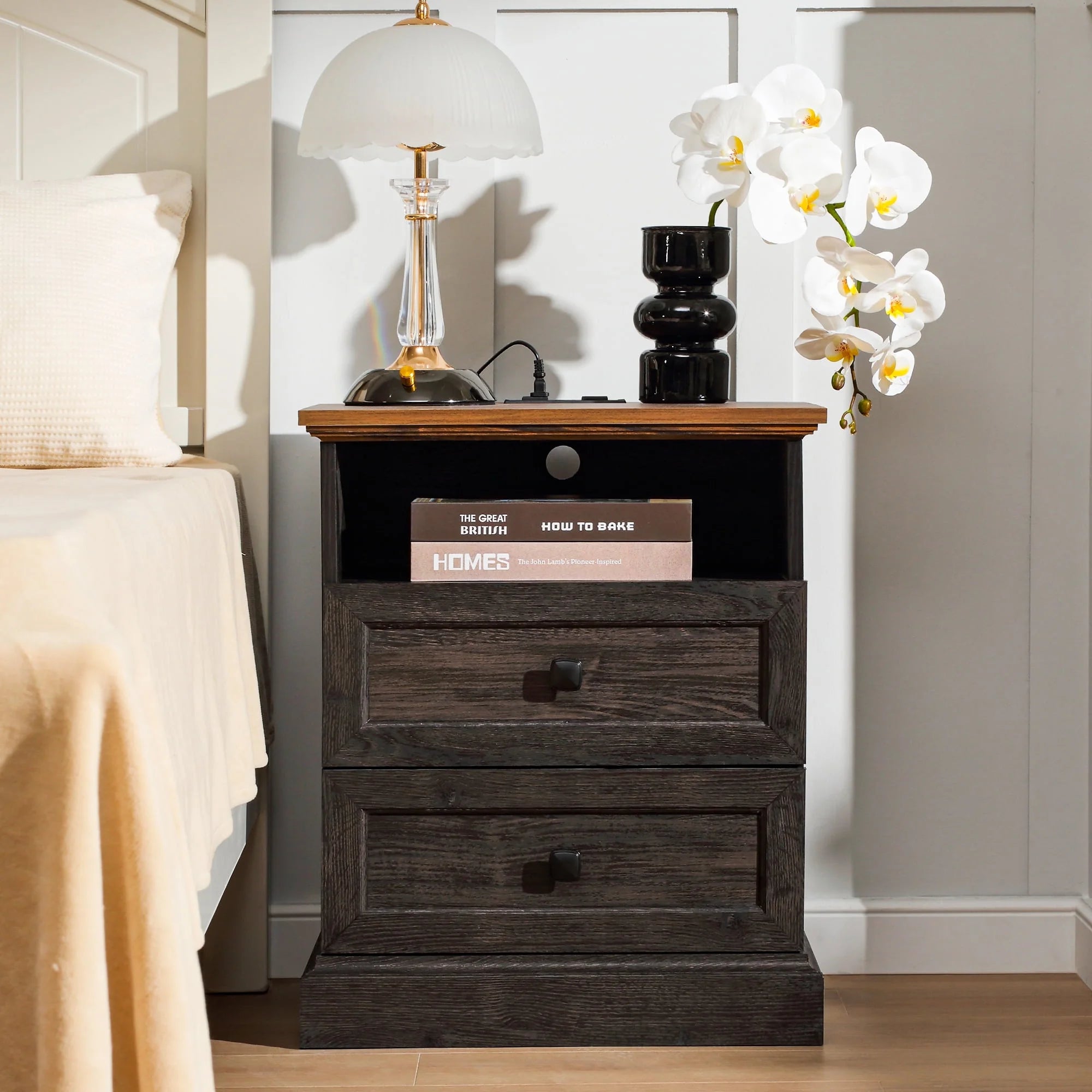 FIAKOA Night Stand with Charging Station,Bedside Table with 2 Drawers Storage and Open Shelf, Nightstand with Outlets, Modern Wood End Table for Bedroom Office (1, Espressor)