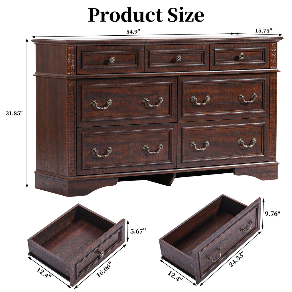 FIAKOA 7 Drawer Dresser for Bedroom, 55” W. Wood Farmhouse Tall Storage Chest of Drawers for Livingroom, Walnut Brown