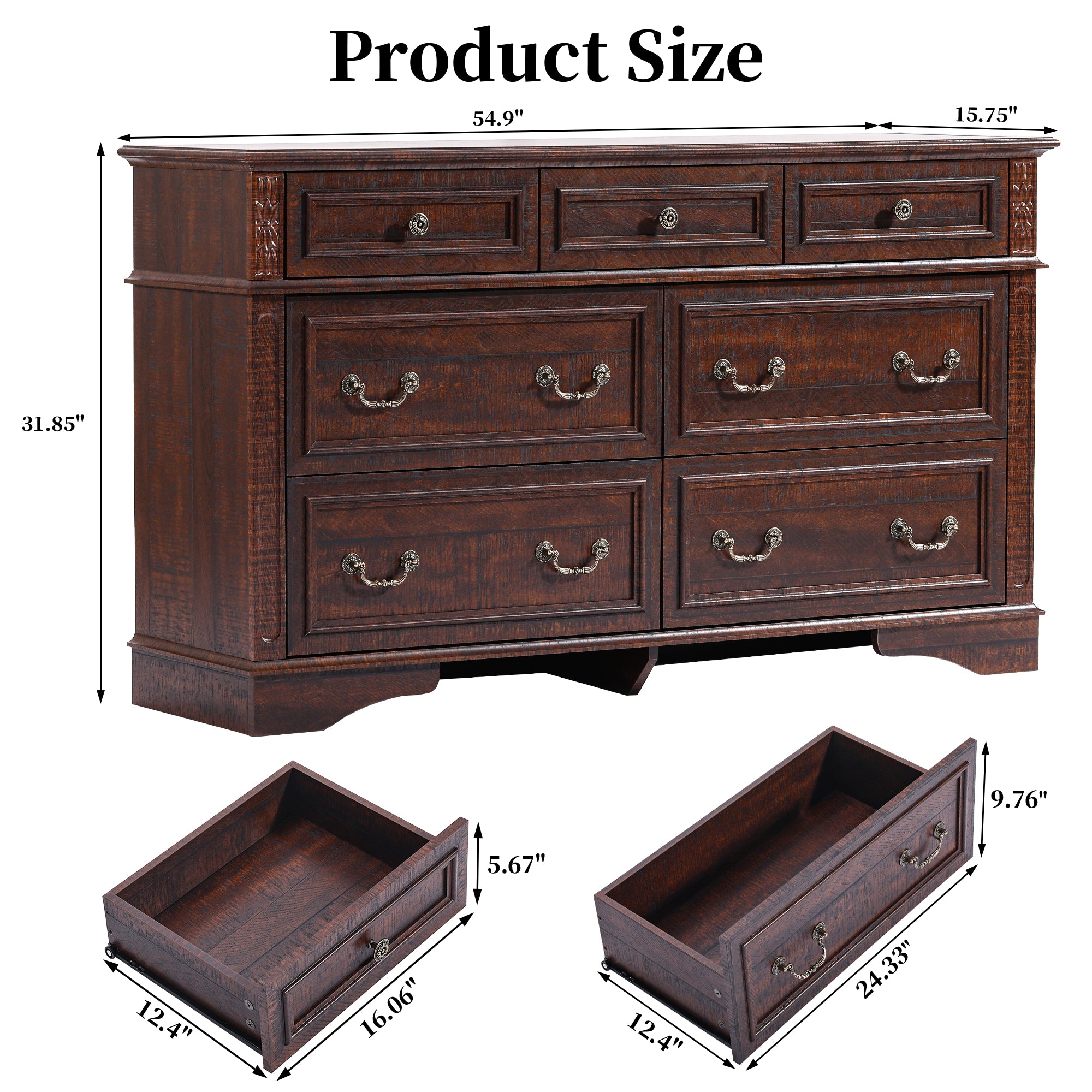 FIAKOA 7 Drawer Dresser for Bedroom, 55” W. Wood Farmhouse Tall Storage Chest of Drawers for Livingroom, Walnut Brown