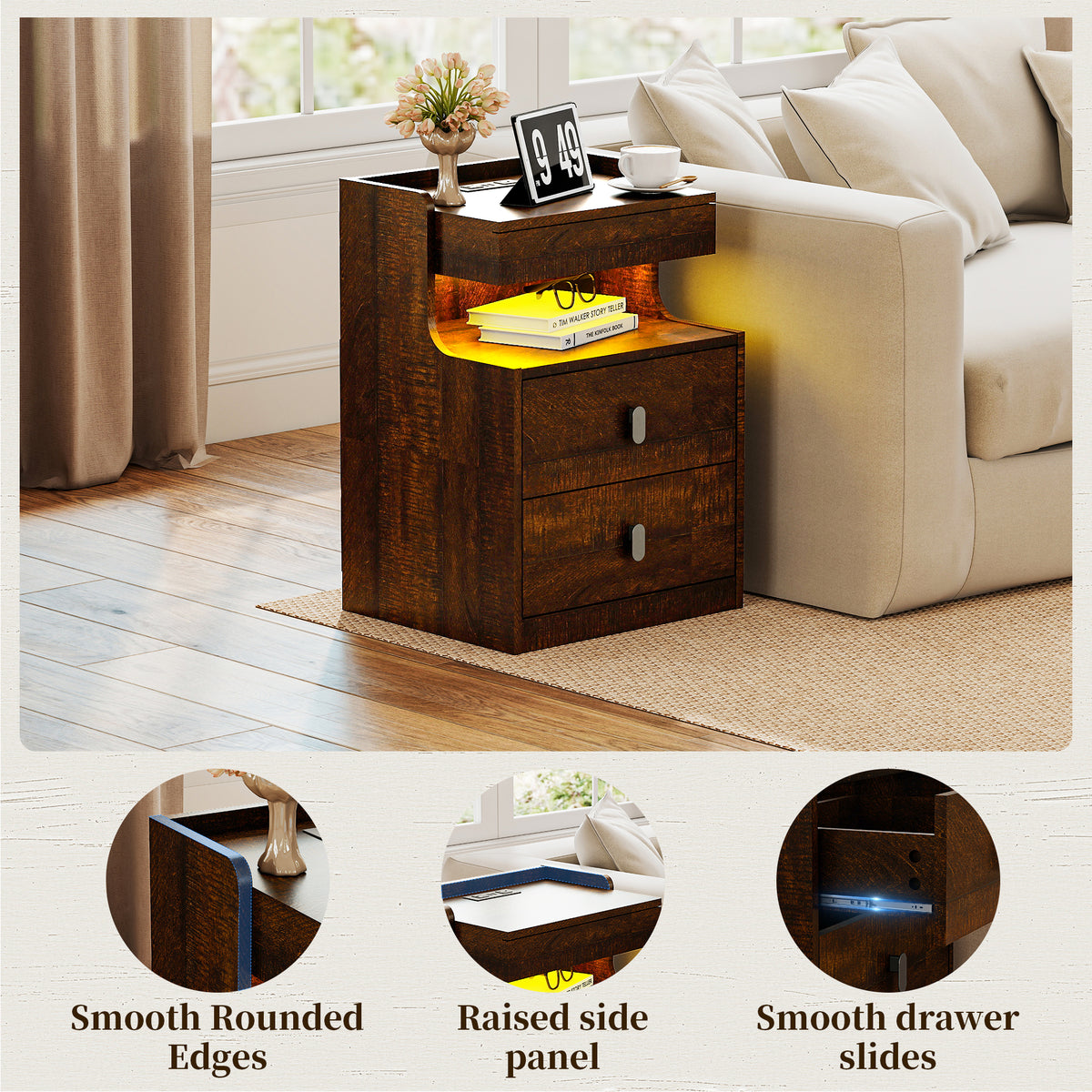 Goealvce 2 Drawer Nightstands for Bedroom Set of 2 with Charging Station & LED Lights, Farmhouse Night Stand with Open Shelf, wood Rustic Bedside Table Night Stands for Bedroom, Walnut Brown