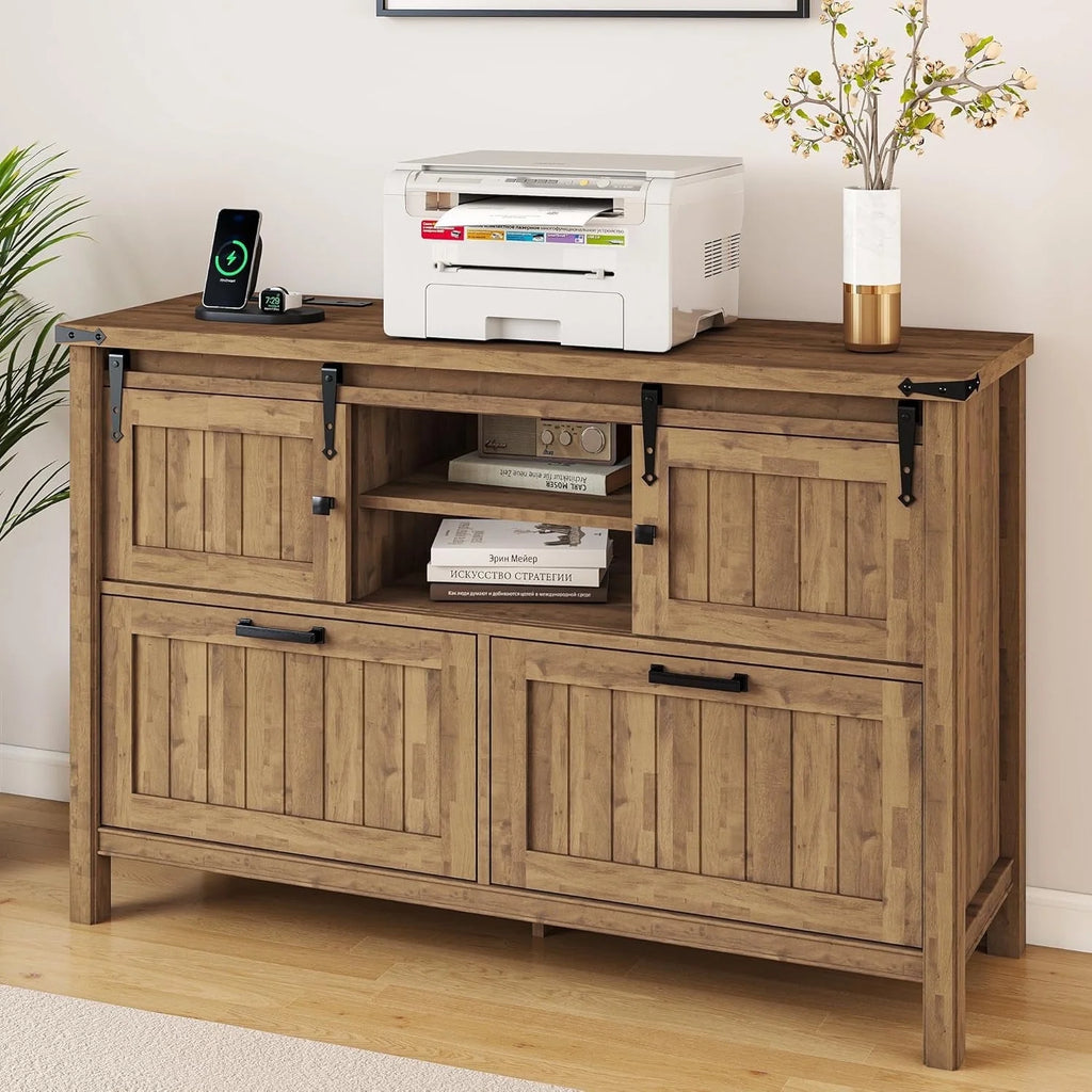 FIAKOA Farmhouse 2-Drawer Lateral File Cabinet, Filing Cabinet with Sliding Doors & Charge Station, Printer Stand Cabinets for Home Office, Brown