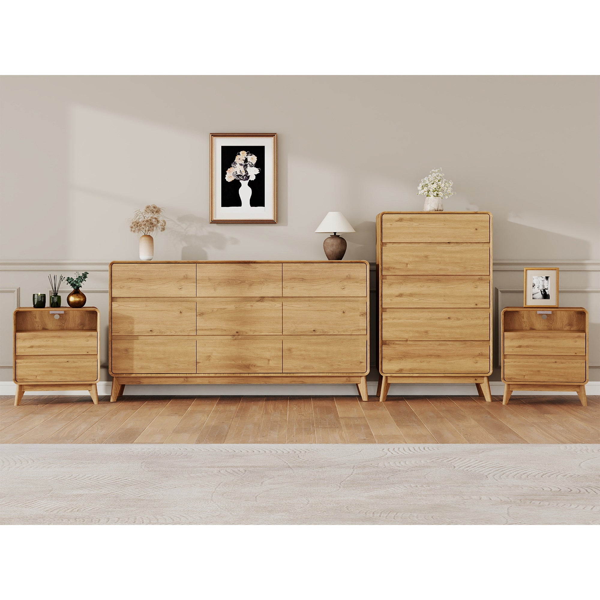 4-Piece Farmhouse Bedroom Storage Set, 5-Drawer Chest & 9-Drawer Dresser, Nightstand Set of 2 with Charging Station, Handle-Less Design, Rounded Corners, Anti-Tip Safety Furniture, Natural