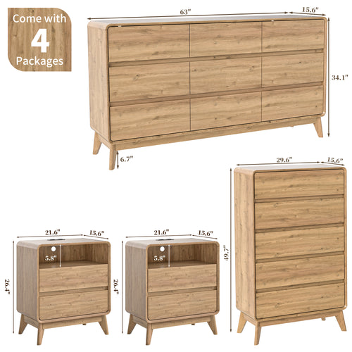 4-Piece Farmhouse Bedroom Storage Set, 5-Drawer Chest & 9-Drawer Dresser, Nightstand Set of 2 with Charging Station, Handle-Less Design, Rounded Corners, Anti-Tip Safety Furniture, Natural