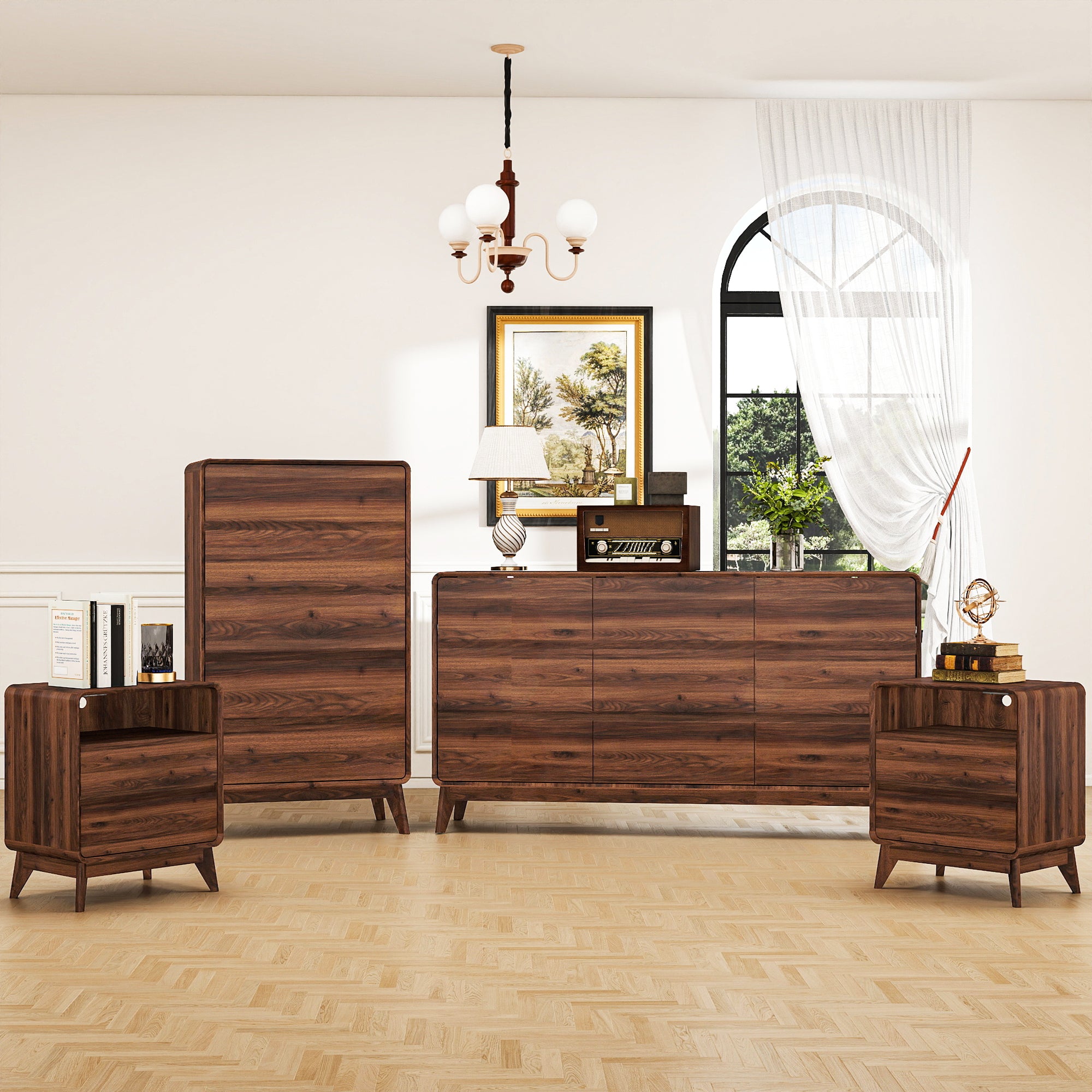 FIAKOA Bedroom Dresser Set & Nightstands set, 4 Piece Farmhouse Complete Bedroom Furniture Set with Spacious Storage, Walnut Brown