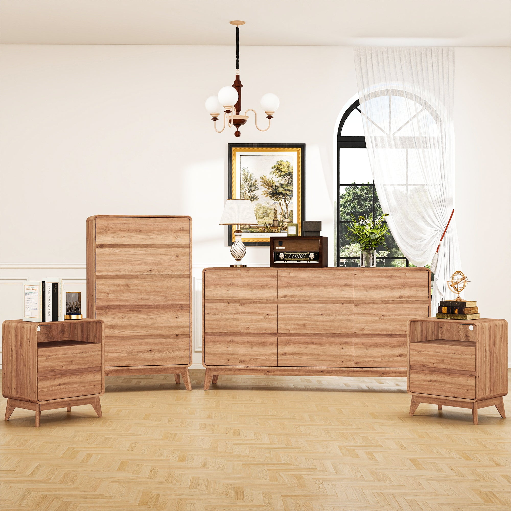 FIAKOA Bedroom Dresser Set & Nightstands Set, 4 Piece Farmhouse Complete Bedroom Furniture Set with Spacious Storage, Nature