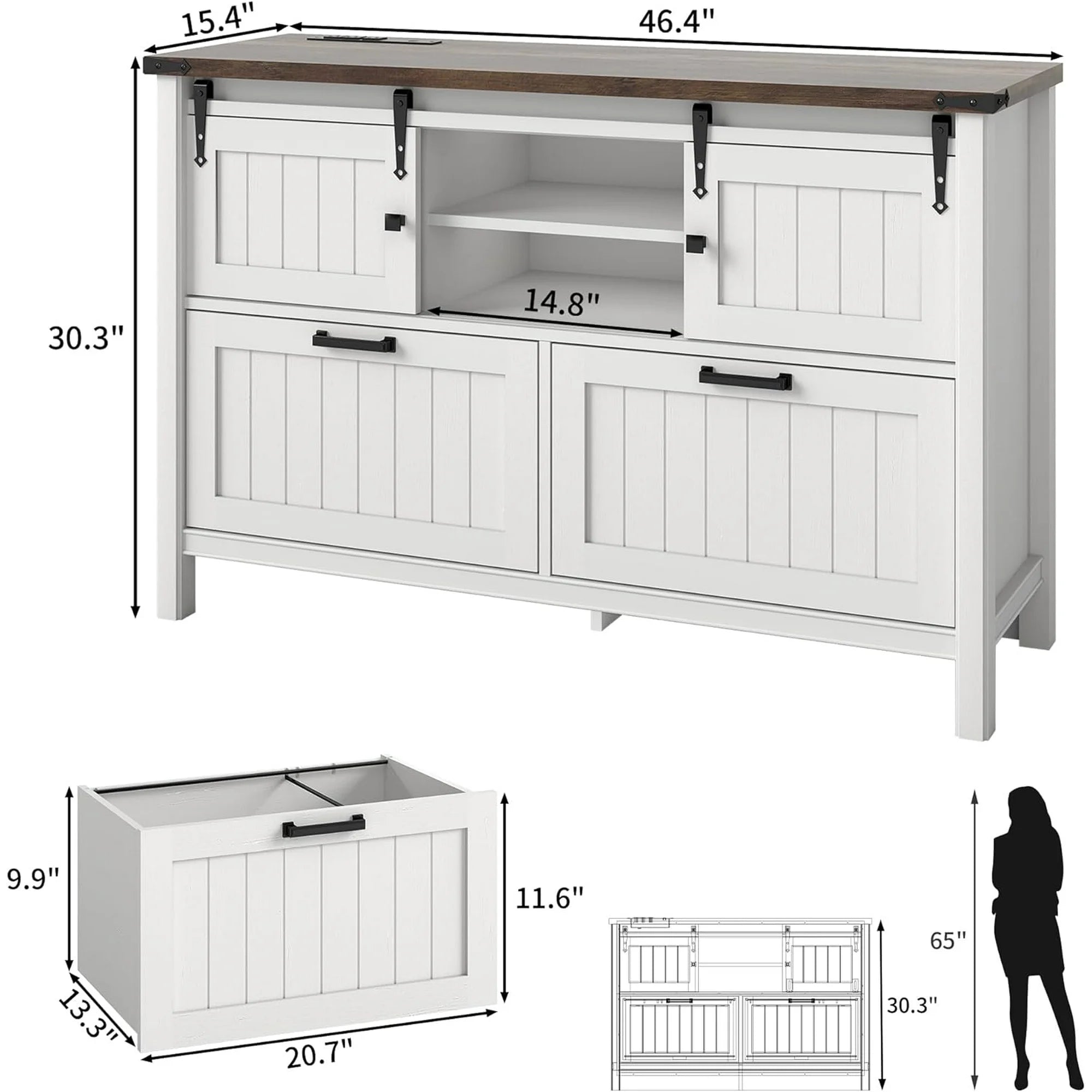 FIAKOA Farmhouse 2-Drawer Lateral File Cabinet,Filing Cabinet with Sliding Doors & Charge Station, Printer Stand Cabinets for Home Office,White