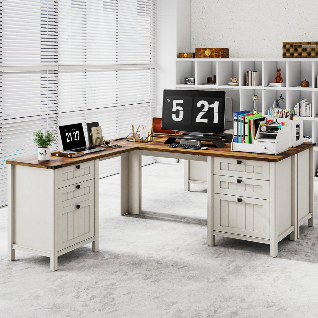 Fiakoa Farmhouse L Shaped Desk with Drawers, 53.8" x 57" Office Computer Desk with File Cabinets, Rustic Corner Executive Desk with with Charging Station, White