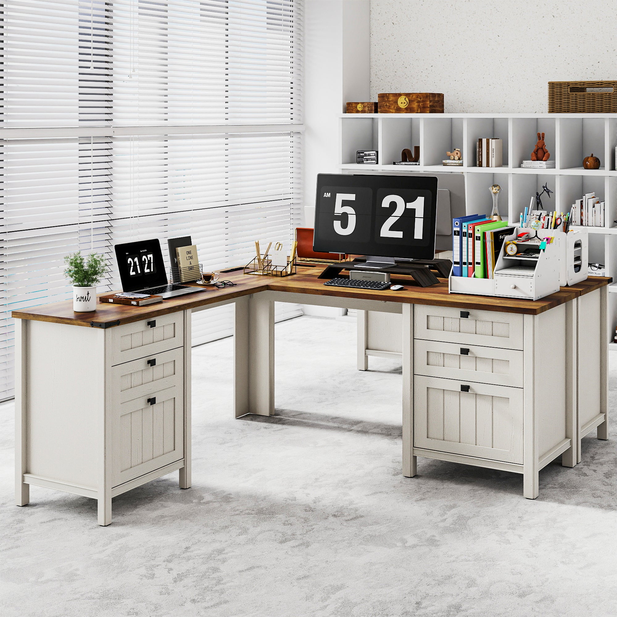 Fiakoa Farmhouse L Shaped Desk with Drawers, 53.8" x 57" Office Computer Desk with File Cabinets, Rustic Corner Executive Desk with with Charging Station, White