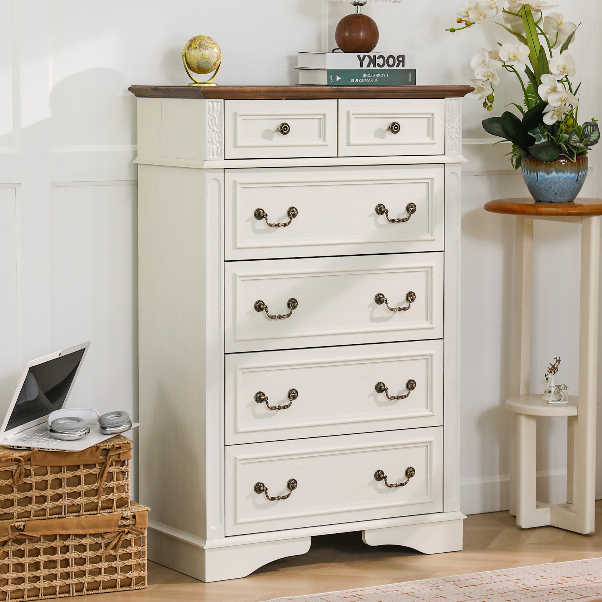 FIAKOA 48” Tall 6 Drawer Dresser for Bedroom, Farmhouse Storage Chest of Drawers for Livingroom, White