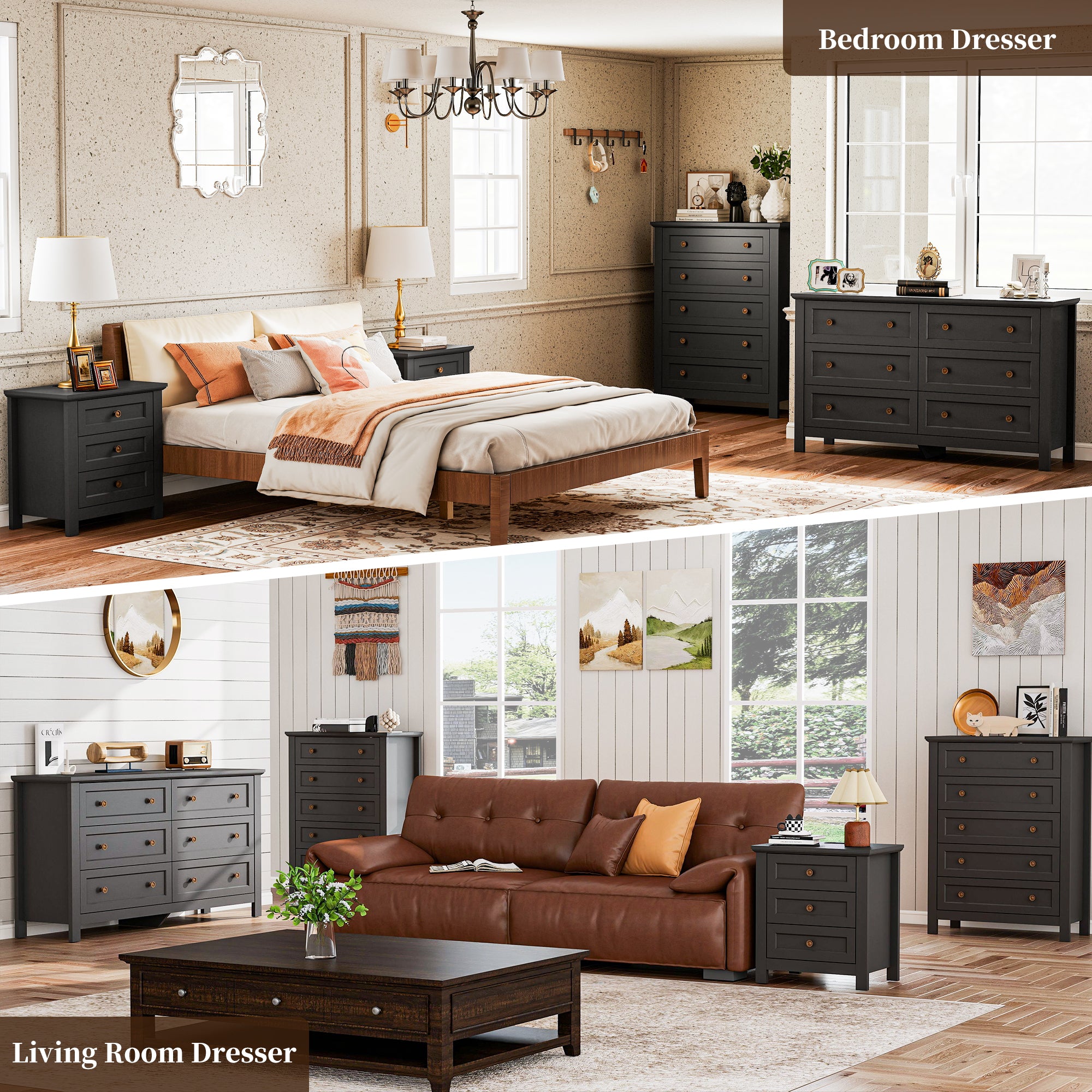 Goealvce 6 Drawer Dresser for Bedroom, Wood Chest of Drawer with Large Storage Space, Retro Storage Cabinet for Living Room, Black