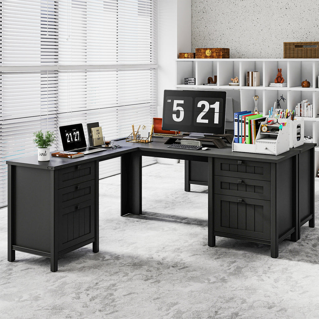 Fiakoa Farmhouse L Shaped Desk with Drawers, 53.8" x 57" Office Computer Desk with File Cabinets, Rustic Corner Executive Desk with with Charging Station, Black
