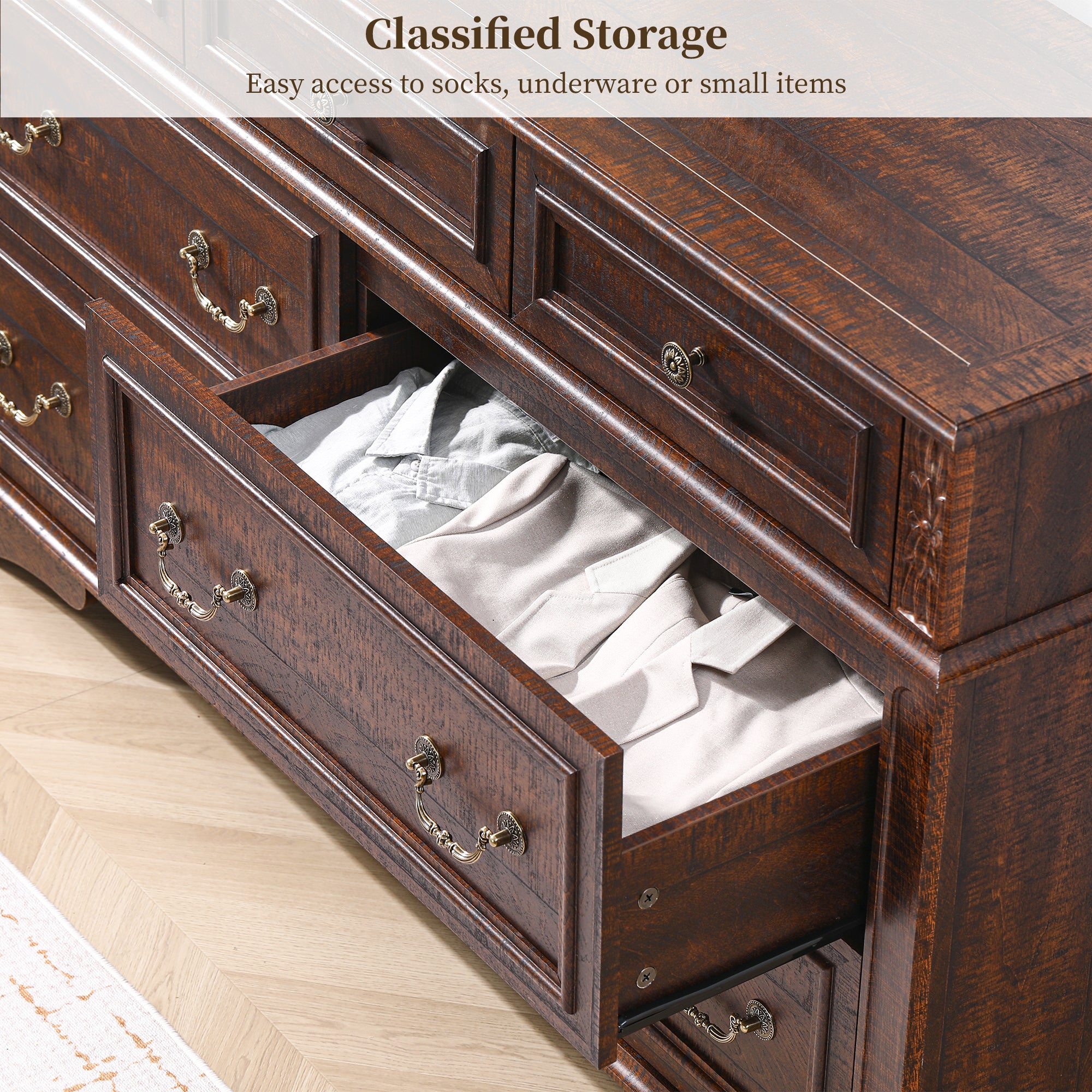 FIAKOA 7 Drawer Dresser for Bedroom, 55” W. Wood Farmhouse Tall Storage Chest of Drawers for Livingroom, Walnut Brown