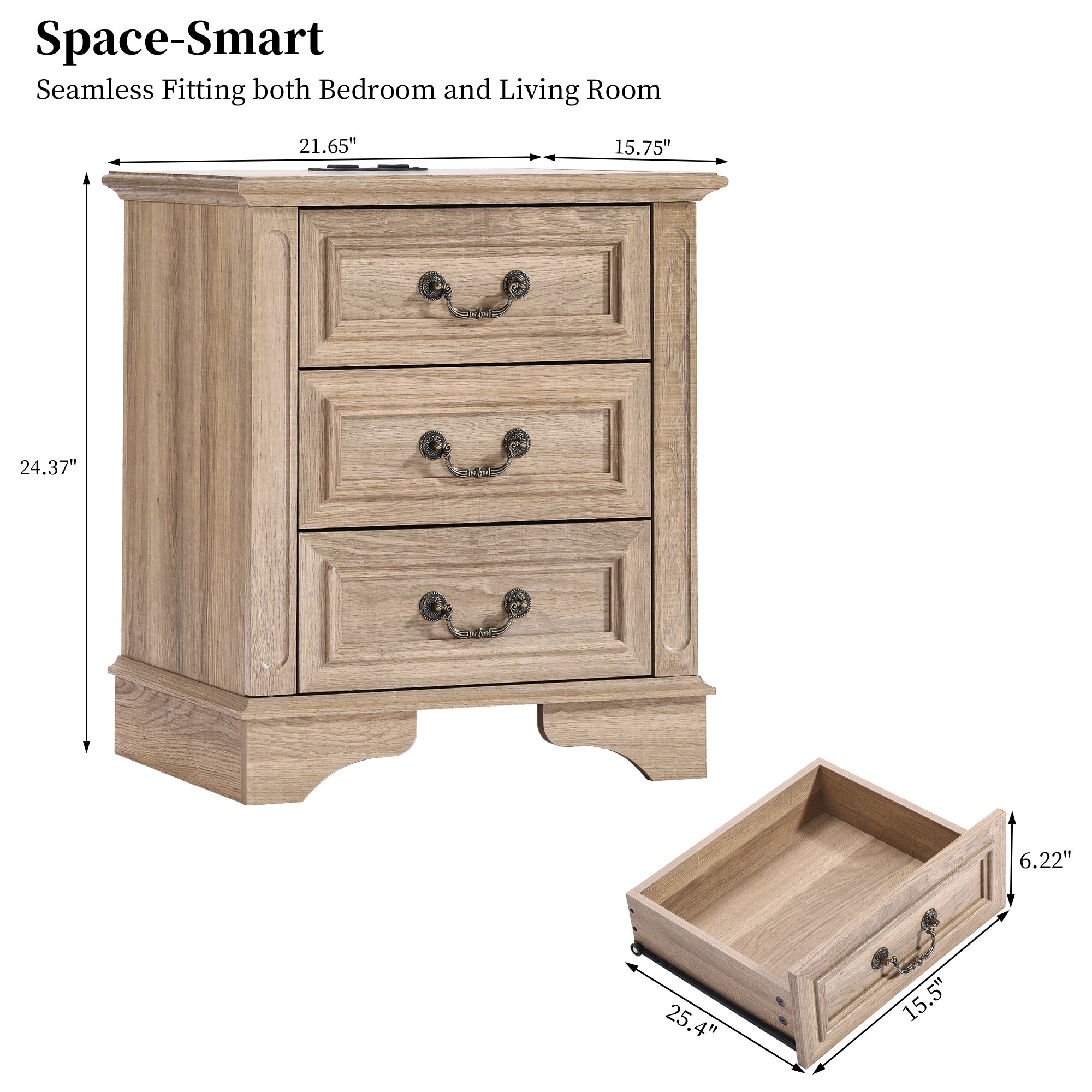FIAKOA Farmhouse 3 Drawer Nightstand with Charging Station for Bedroom, Rustic Bedside Table for Livingroom, Oak