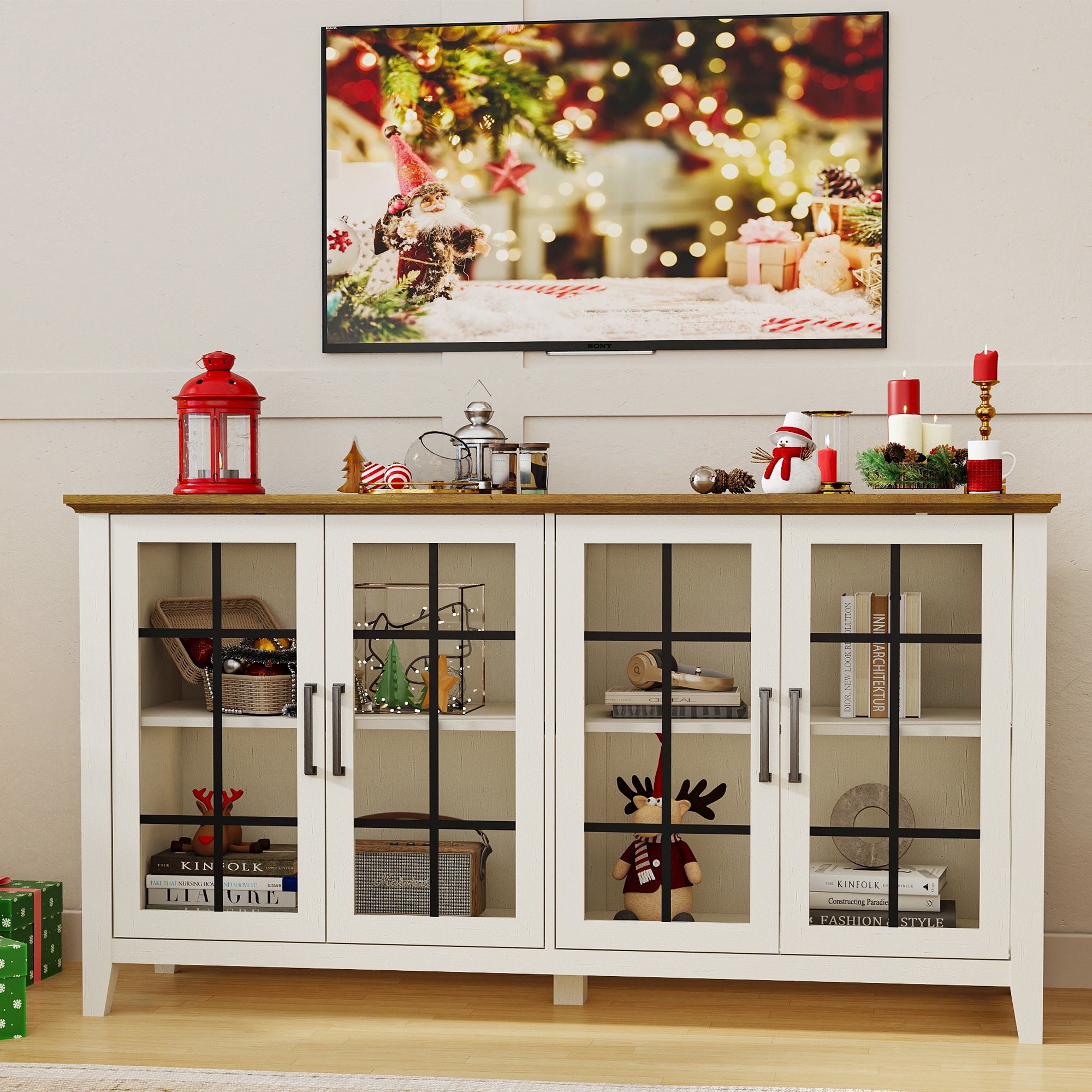 FIAKOA 63" Farmhouse Buffet Cabinet with Storage, Large White Sideboard Cabinet with Glass Doors, Kitchen Coffee Bar Cabinet for Dining Room
