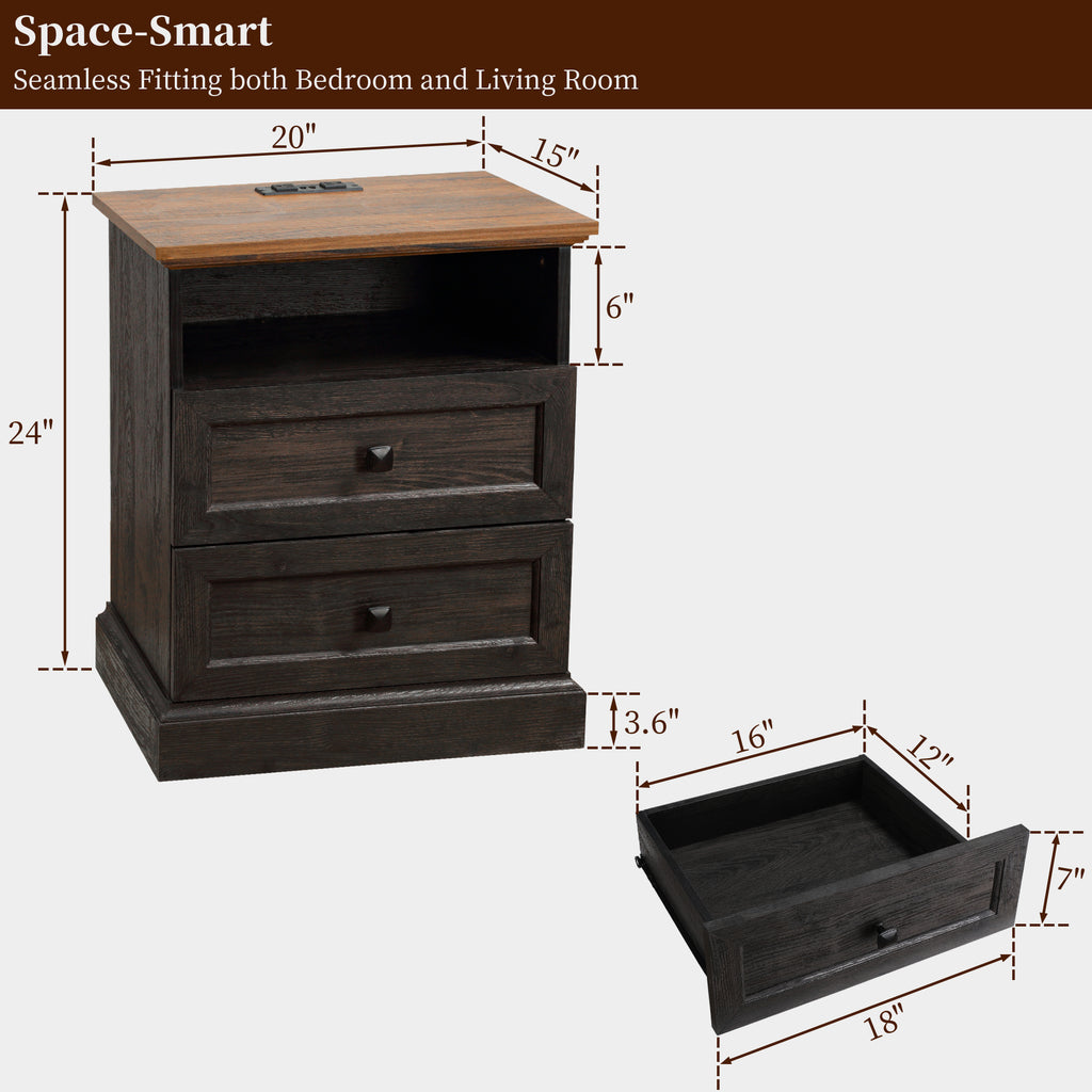 FIAKOA Night Stand Set of 2 with Charging Station,Bedside Table with 2 Drawers Storage and Open Shelf,Nightstand with Outlets, Modern Wood End Table for Bedroom Office, Espresso
