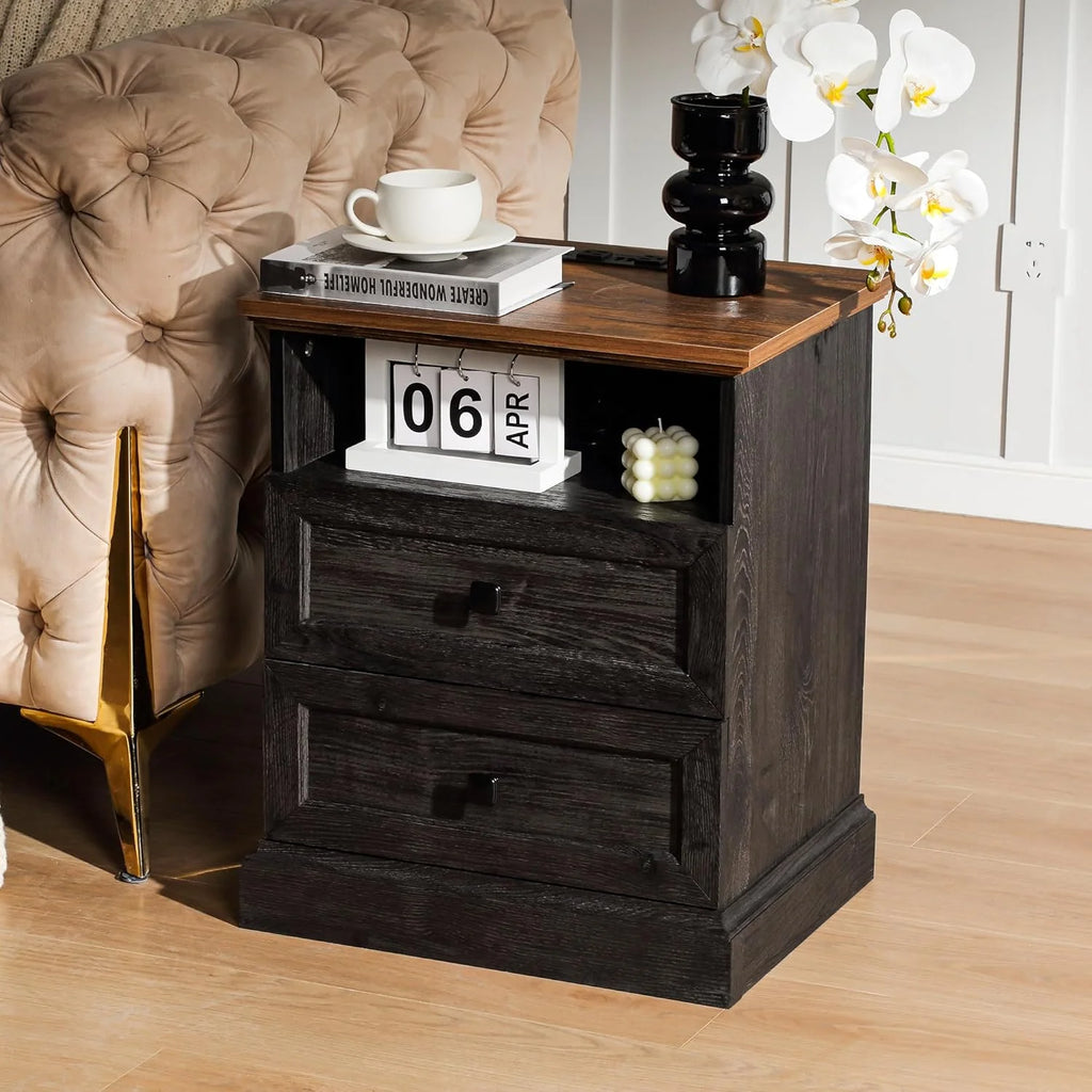 FIAKOA Night Stand with Charging Station,Bedside Table with 2 Drawers Storage and Open Shelf, Nightstand with Outlets, Modern Wood End Table for Bedroom Office (1, Espressor)